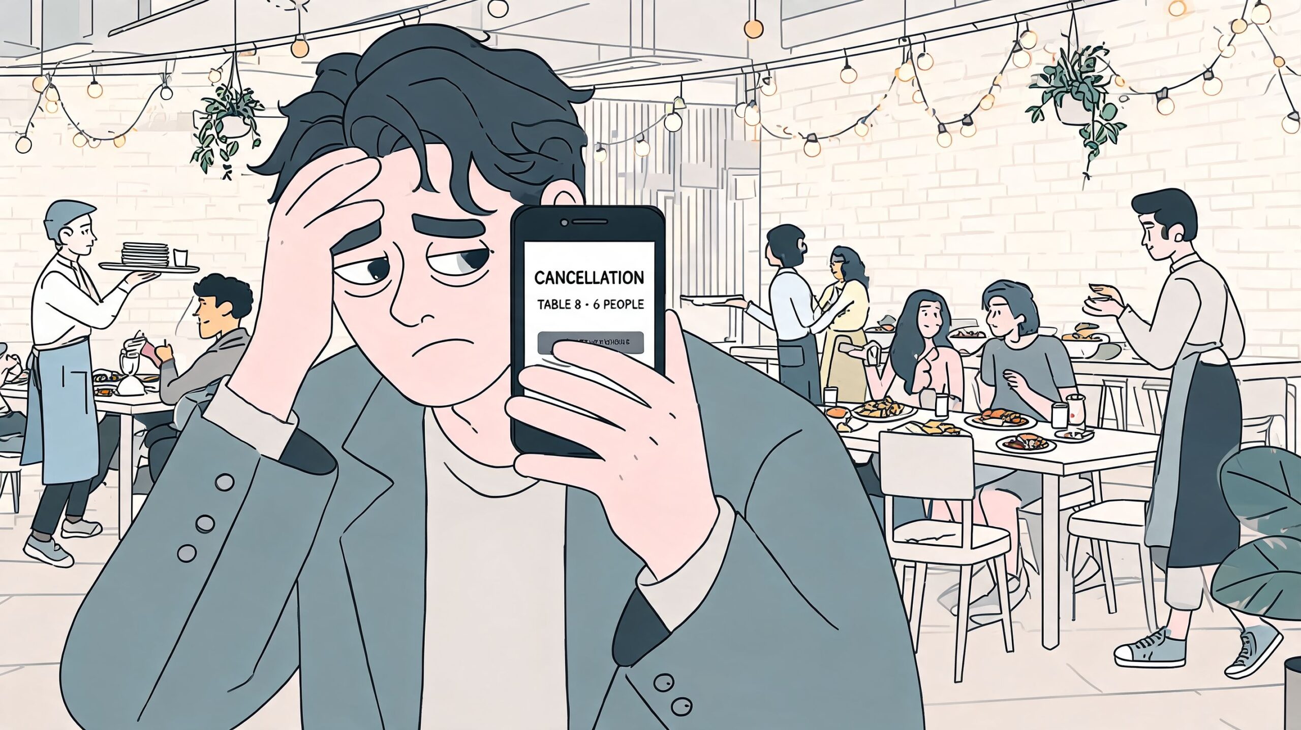 A stressed man looking at a restaurant table cancellation notification on his smartphone screen in a busy restaurant.