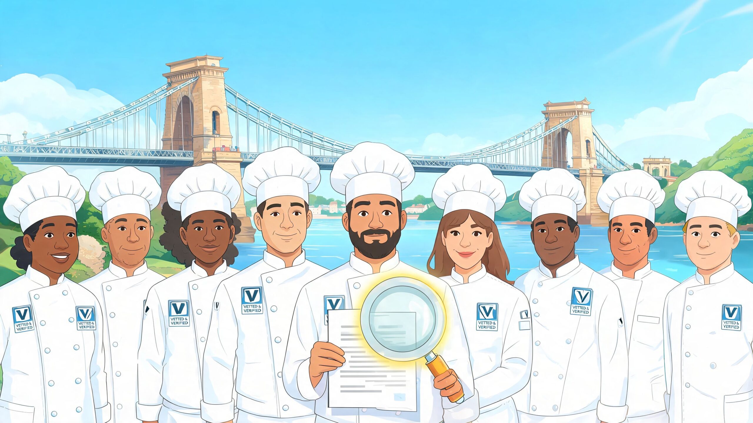 A diverse group of professional chefs standing together before a bridge, with one holding a magnifying glass.