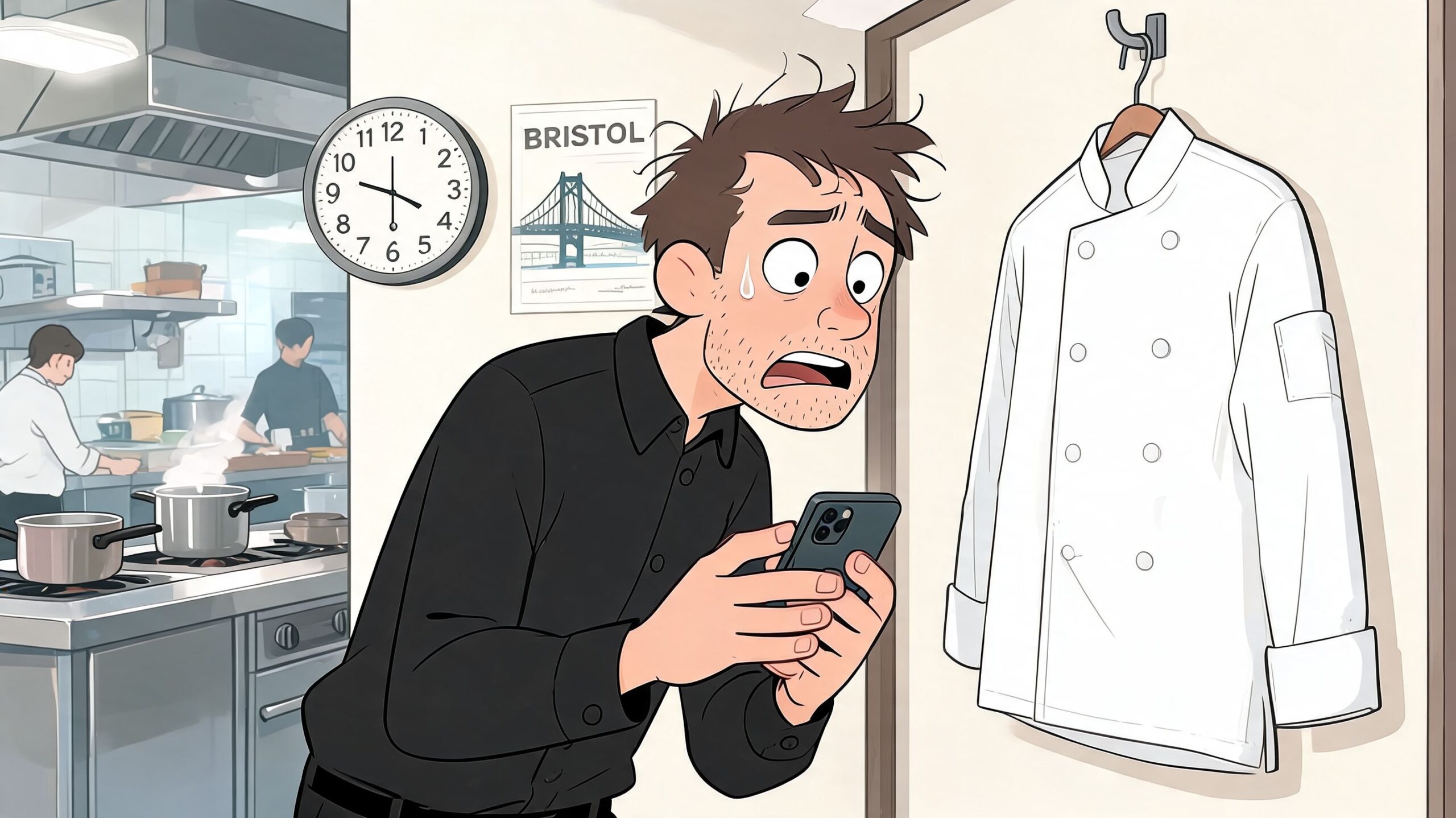 A stressed chef looking at his phone in a kitchen near a hanging white uniform coat.