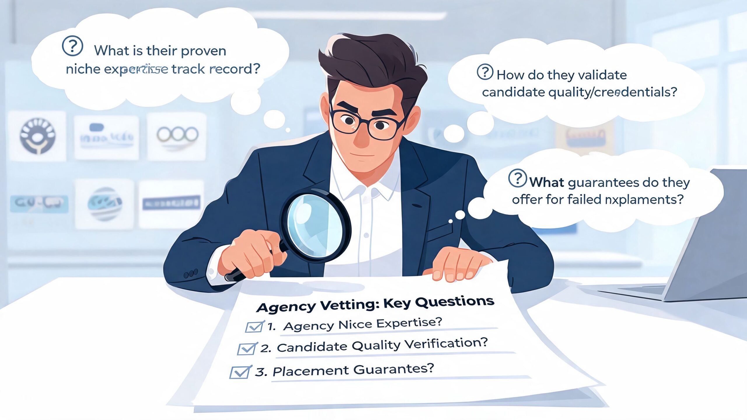 A professional man with a magnifying glass reviewing a checklist for agency vetting and recruiting success.
