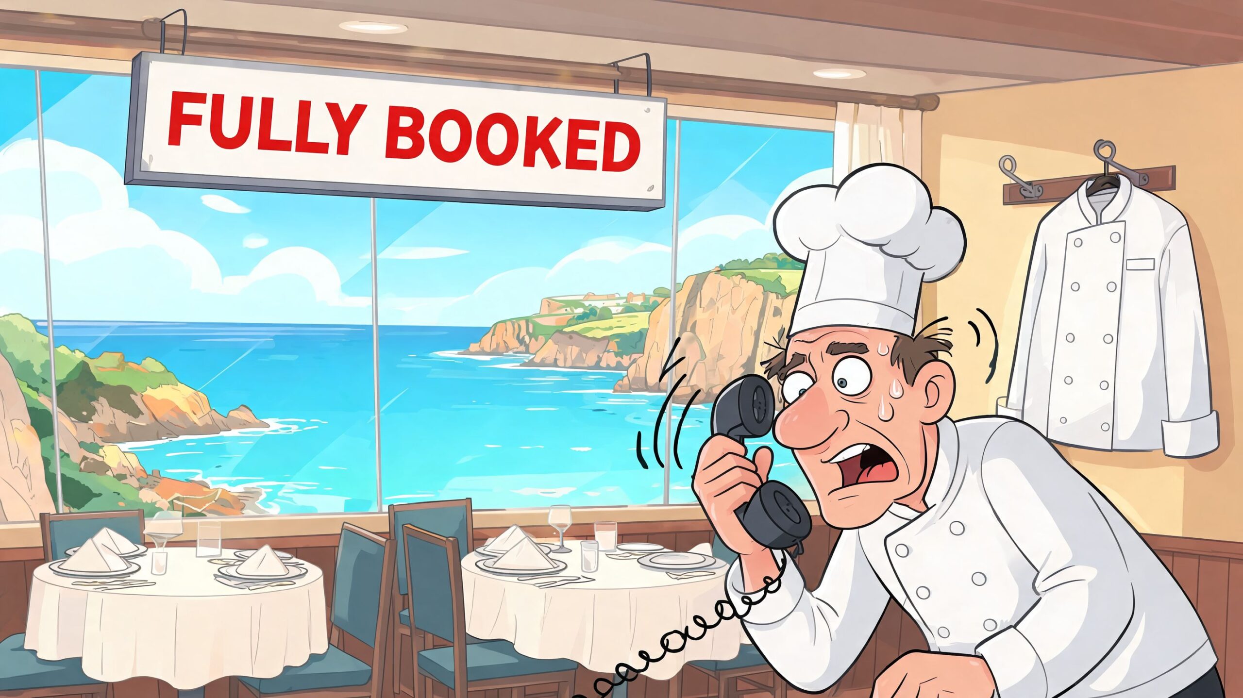 Stressed restaurant chef in uniform speaking on an old telephone in front of a Fully Booked sign.