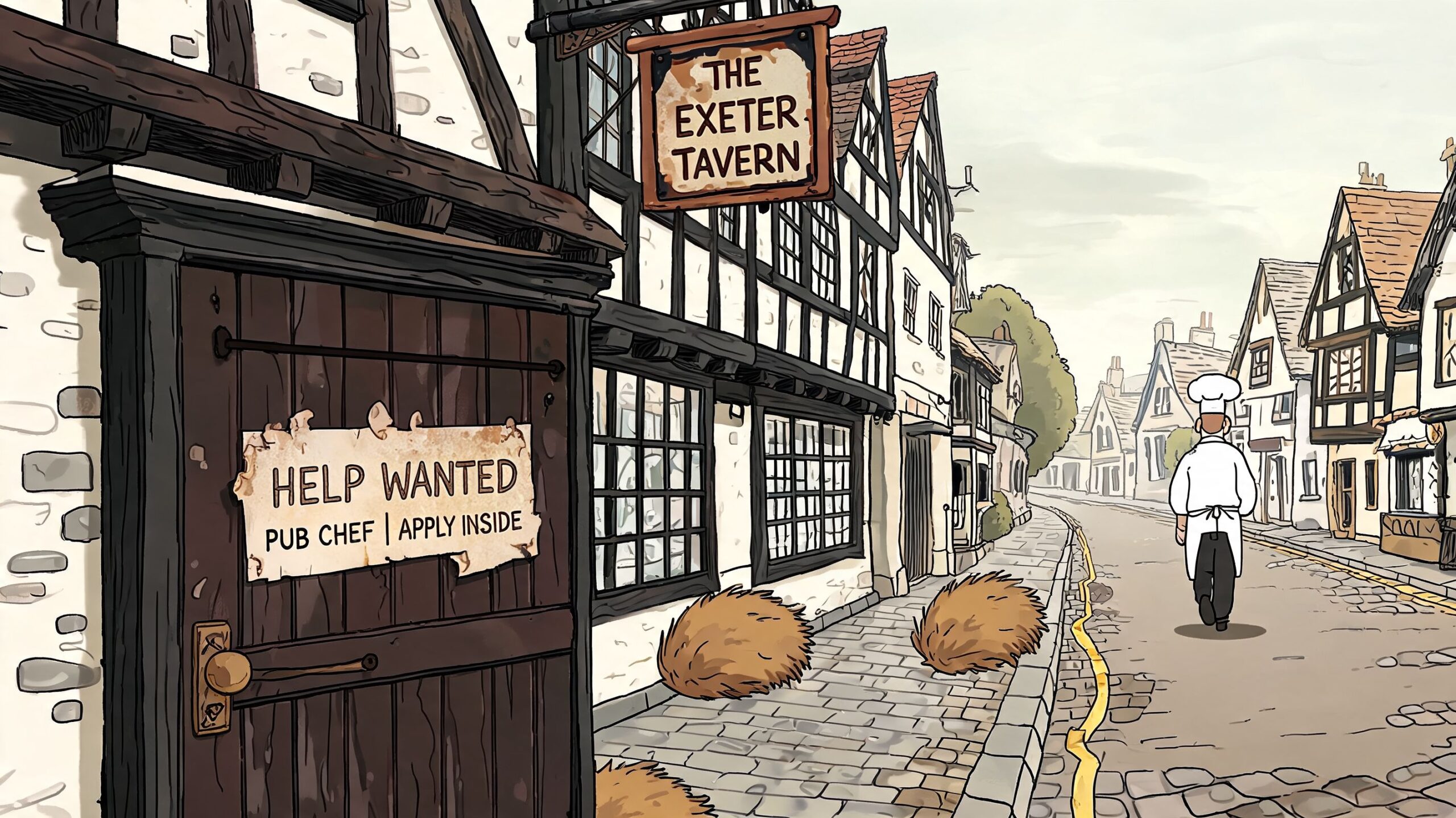 A professional chef walking towards a historic English tavern with a Help Wanted sign on the door.