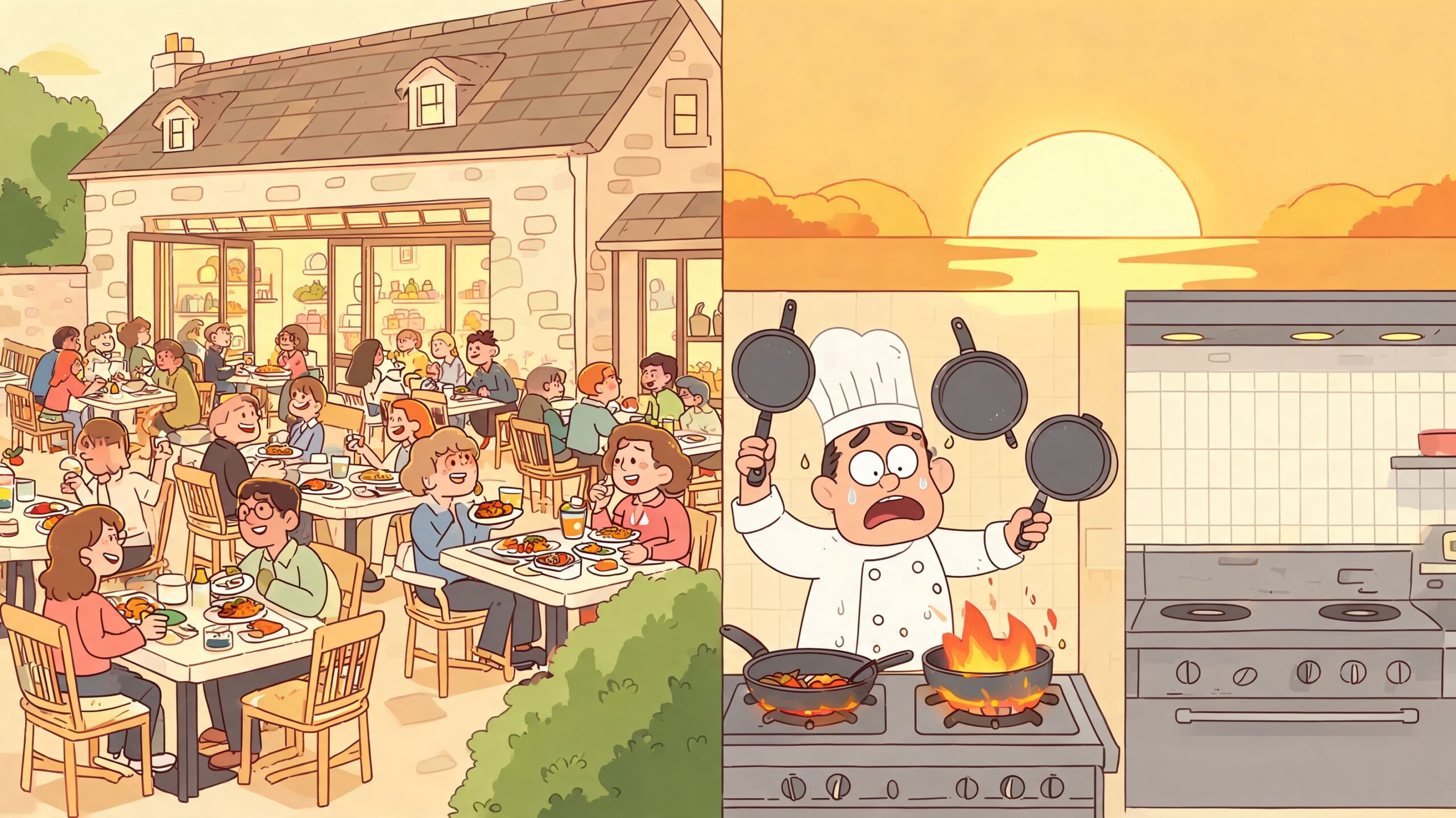 A split-screen illustration showing a busy restaurant dining area on the left and a stressed chef cooking.