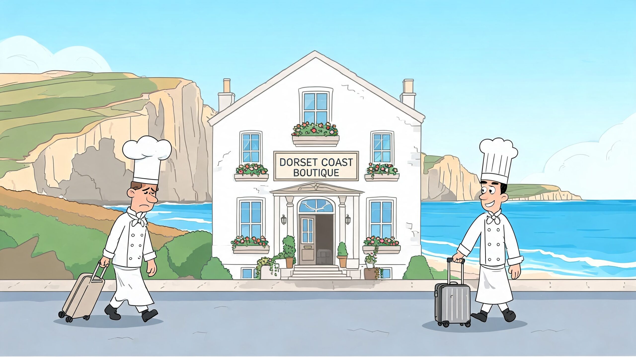 One chef leaves the Dorset Coast Boutique hotel looking sad while another arrives looking happy with luggage.