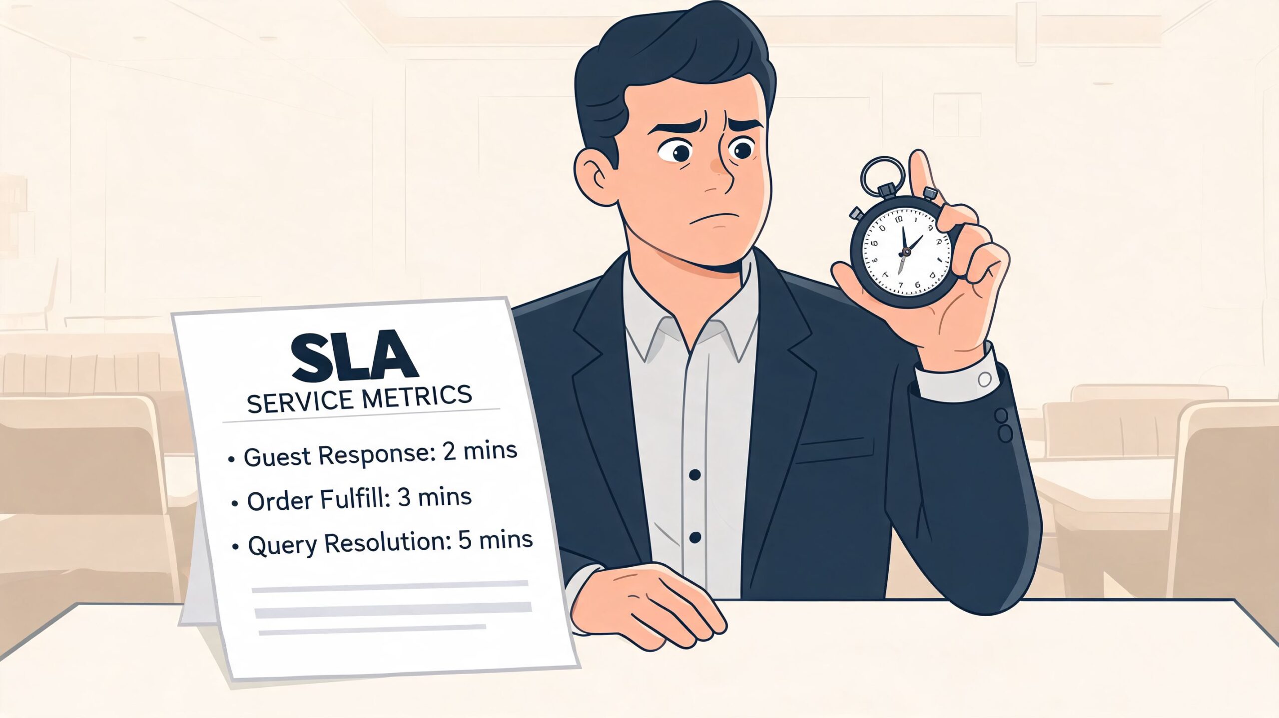 A professional man holding a stopwatch next to a sign showing service level agreement time metrics.