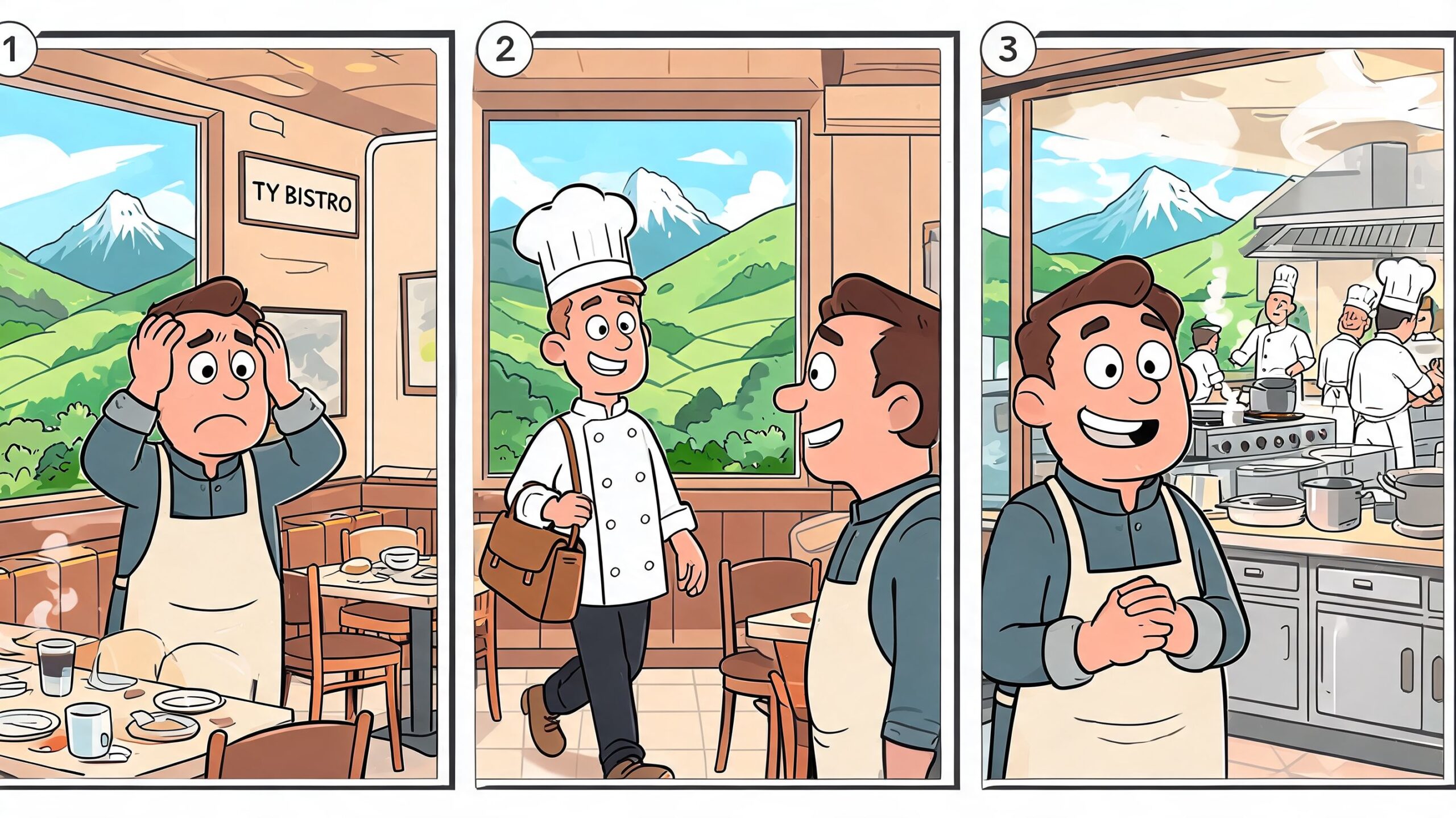 A three-panel cartoon showing a stressed restaurant owner hiring a chef who then efficiently manages the kitchen staff.