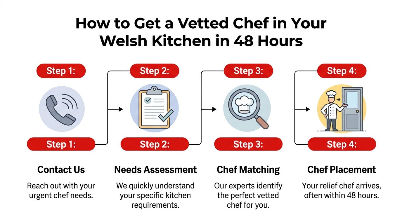 A four-step infographic illustrating how to hire a vetted relief chef in Wales within 48 hours.