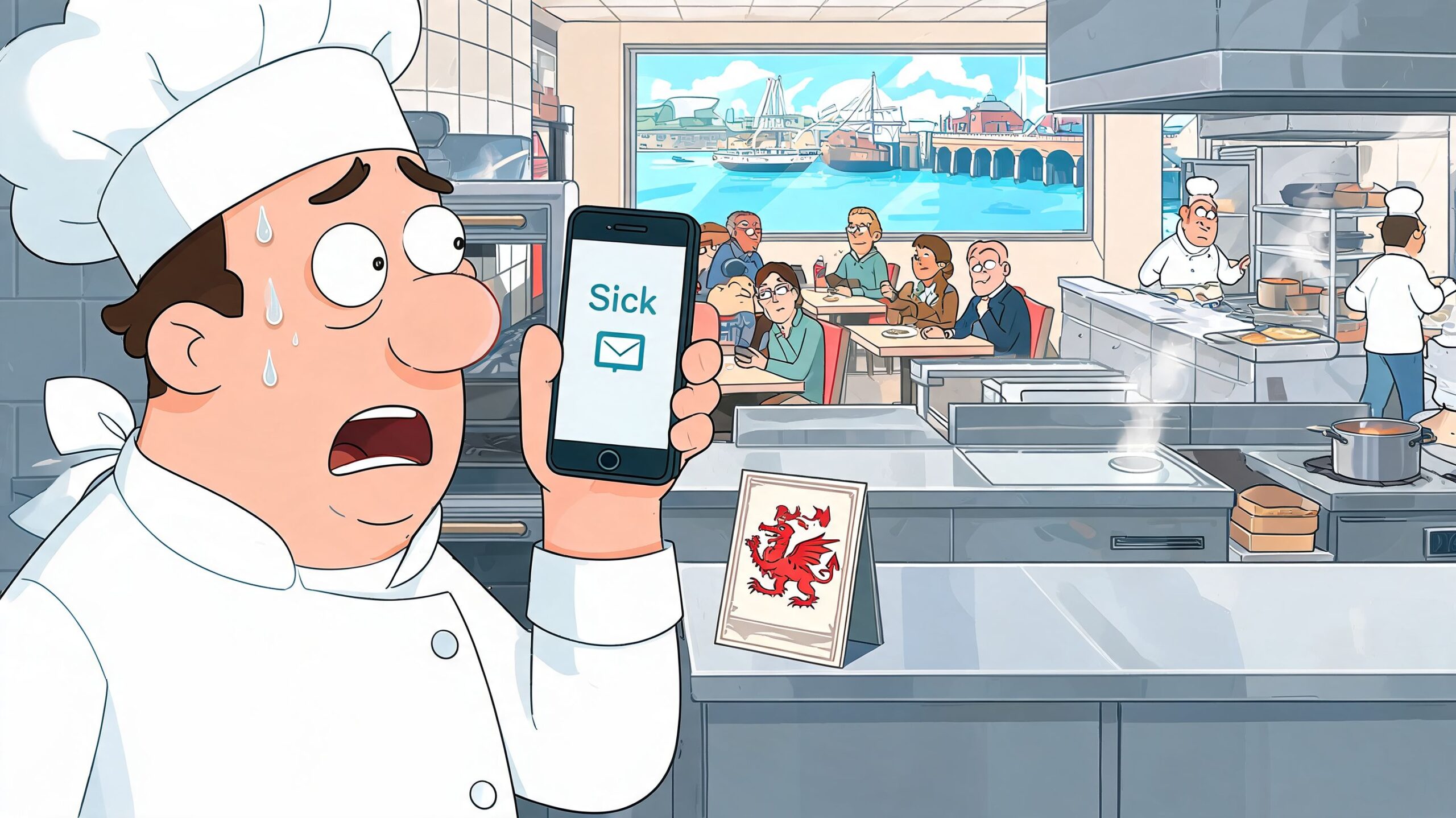 A stressed chef looking at a phone displaying a sick note message in a restaurant kitchen.