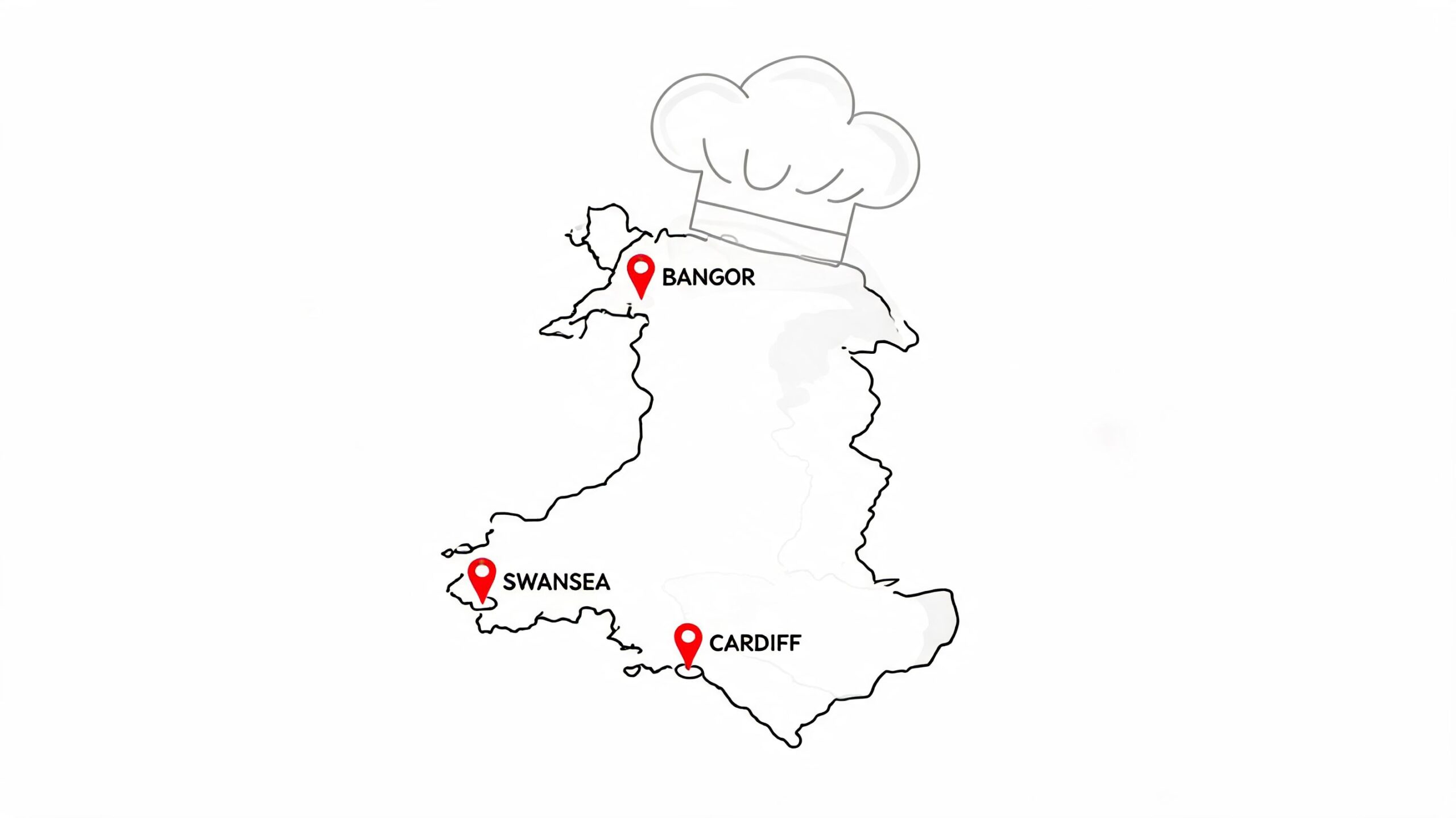 A map of Wales featuring a chef's hat and marked locations for Bangor, Swansea, and Cardiff.