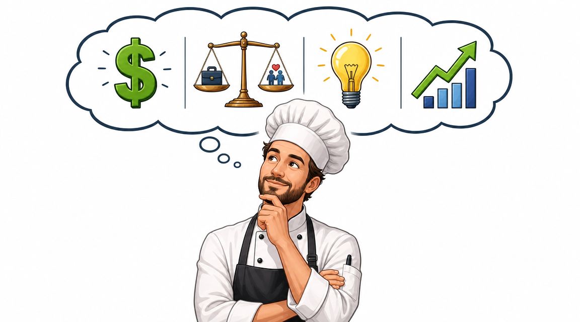 A male chef wearing a hat and apron daydreaming about money, work-life balance, creativity, and business growth.