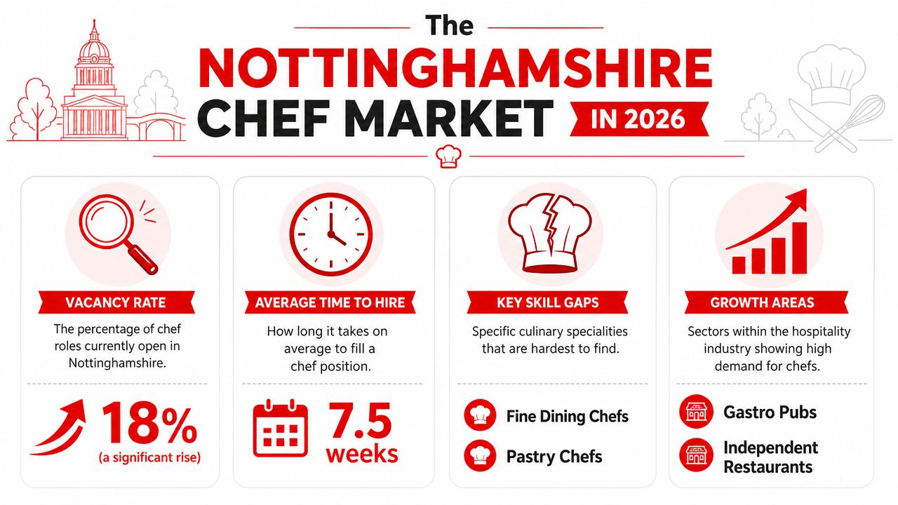 An infographic showing statistics for the Nottinghamshire chef market in 2026, including vacancy rates and hiring trends.