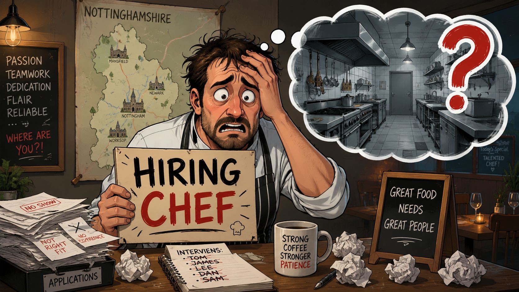Stressed chef sitting at a desk searching for staff to hire in a restaurant in Nottinghamshire.