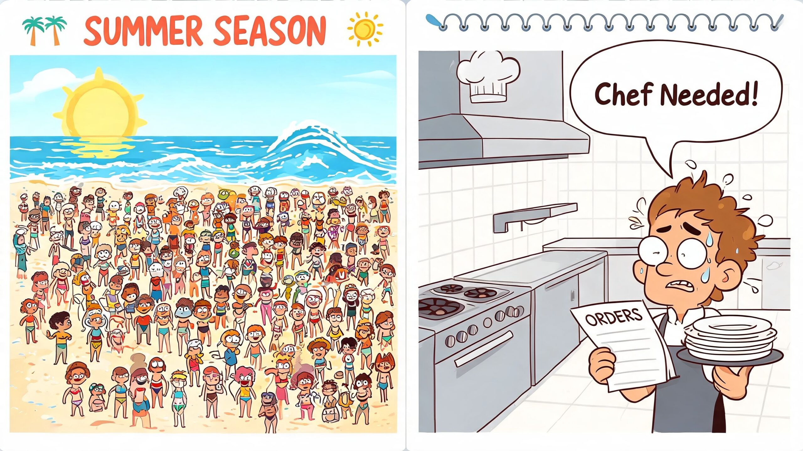 A crowded beach scene next to a stressed chef in a kitchen looking for help.