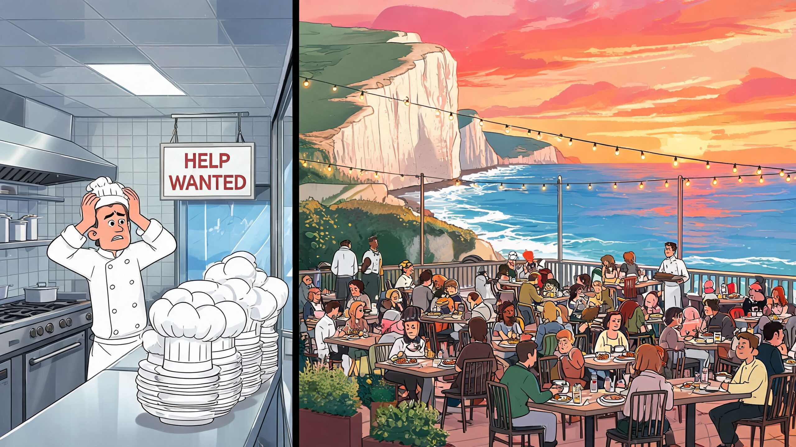 Stressed chef in a busy kitchen looking for staff next to a crowded seaside restaurant terrace.