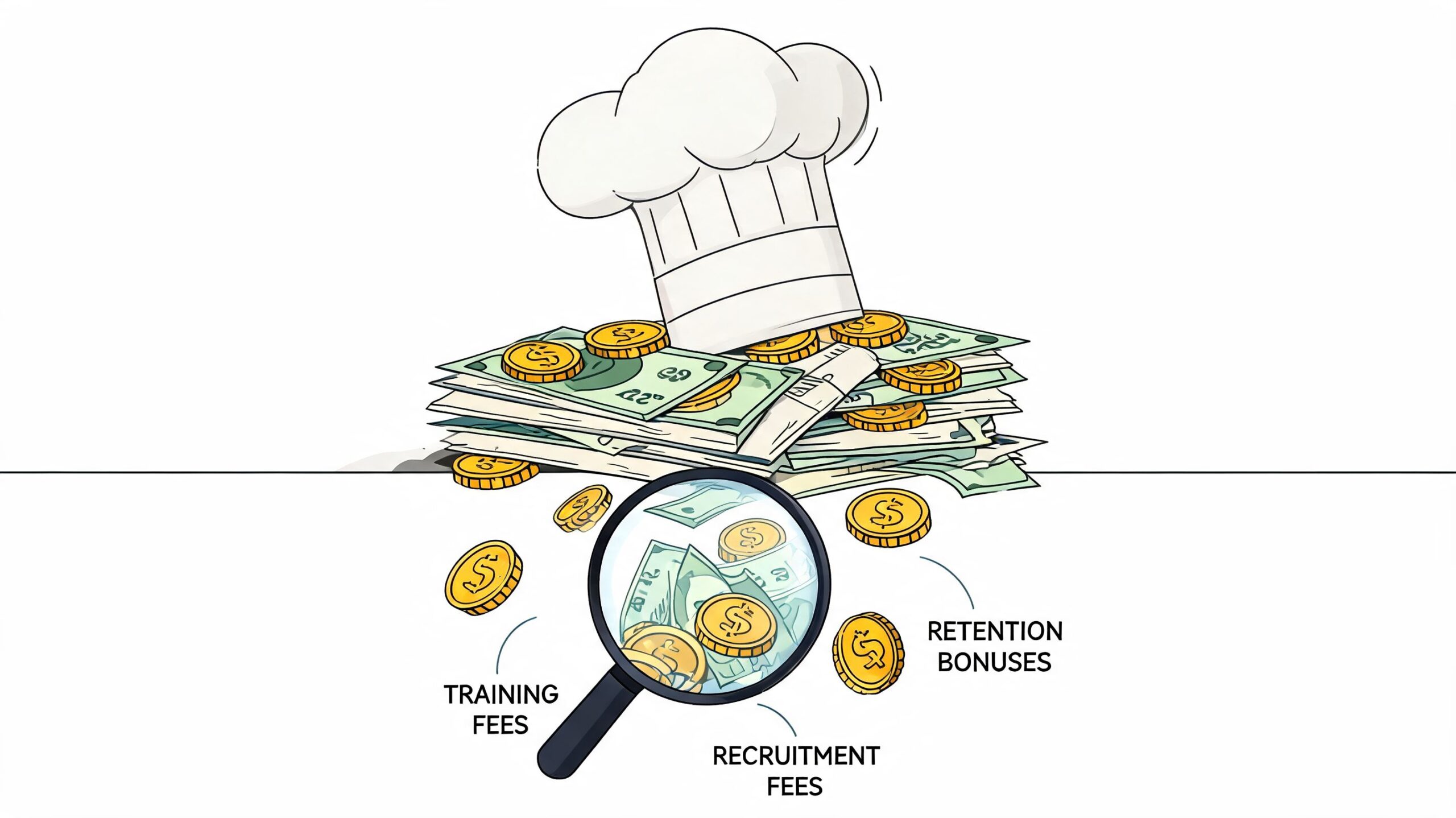A chef hat resting on a pile of money, being examined by a magnifying glass depicting recruitment costs.