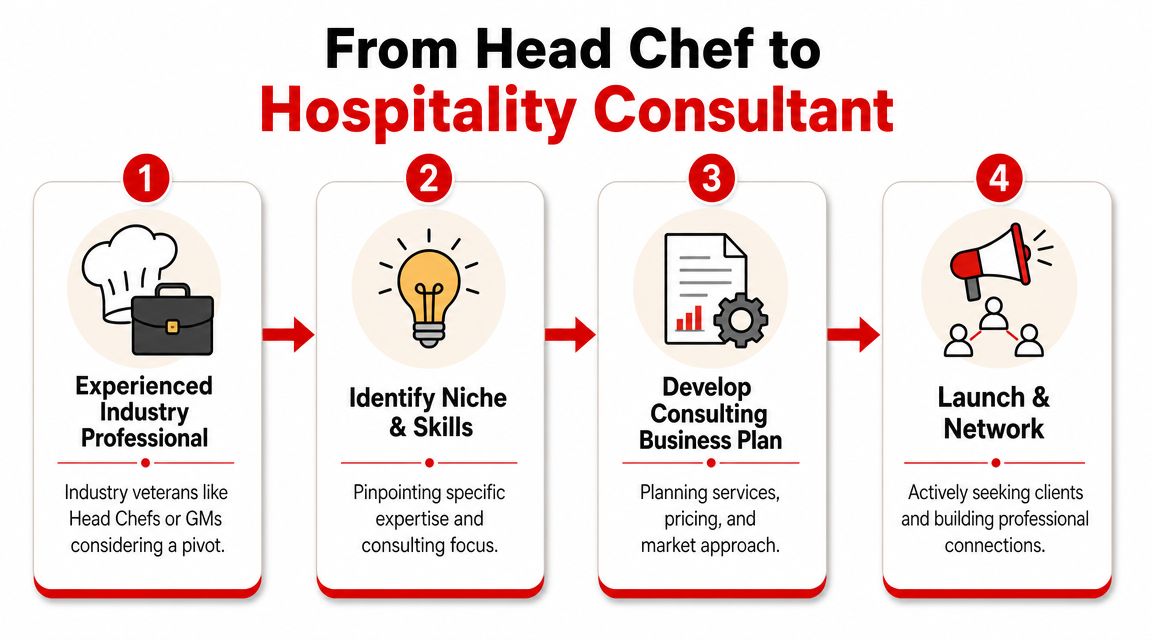A four-step infographic showing how to transition from a head chef to a hospitality consultant.