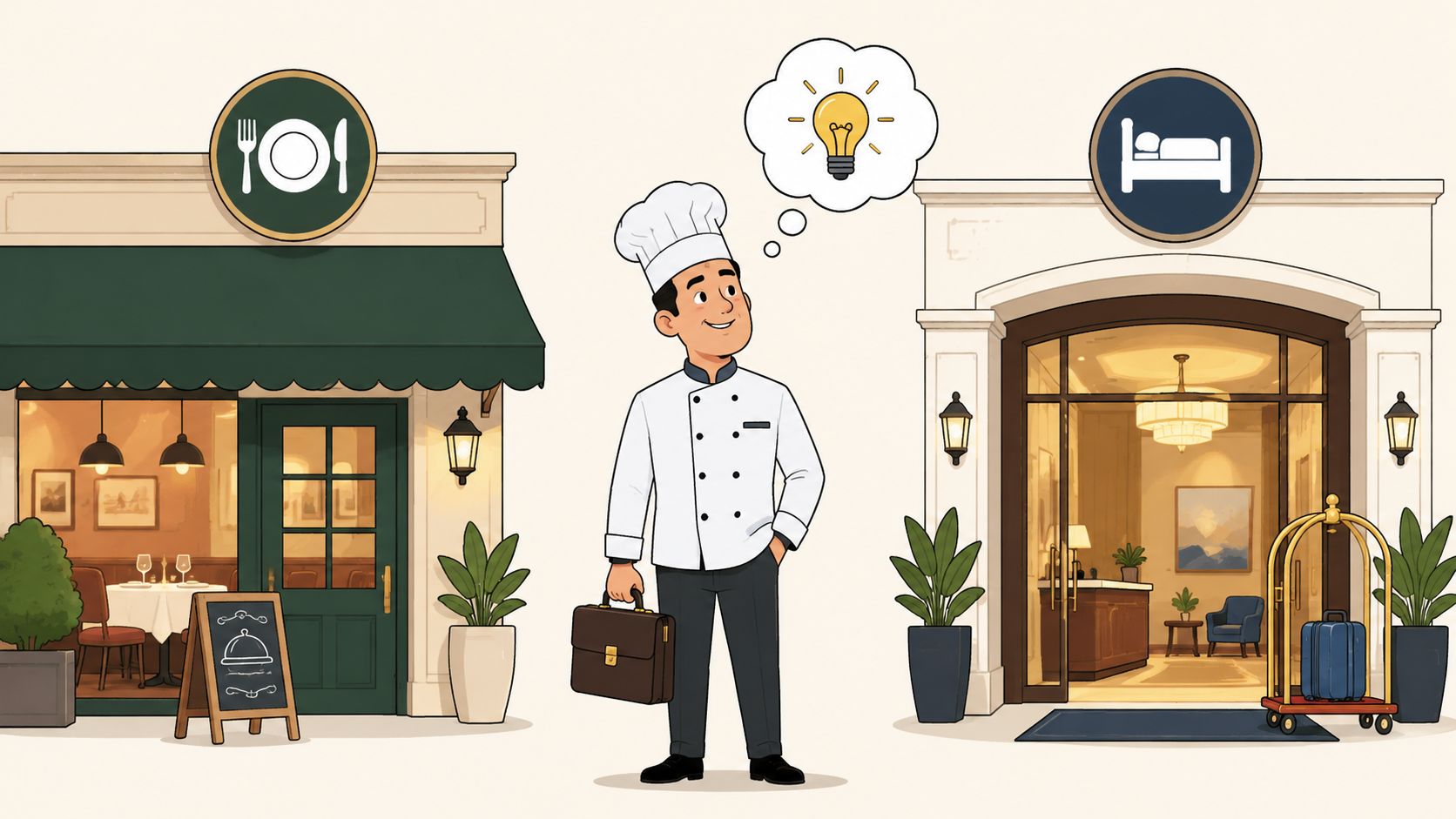 A professional chef standing between a restaurant and a hotel thinking about a business consulting idea.