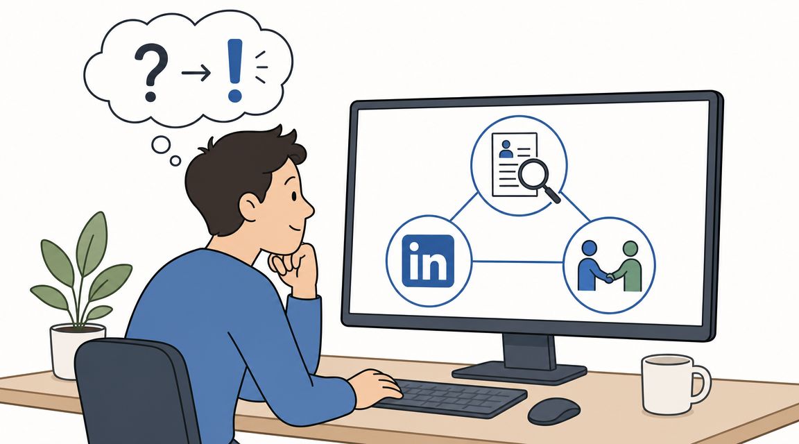 A person sitting at a desk looking at a computer screen showing job search and networking icons.