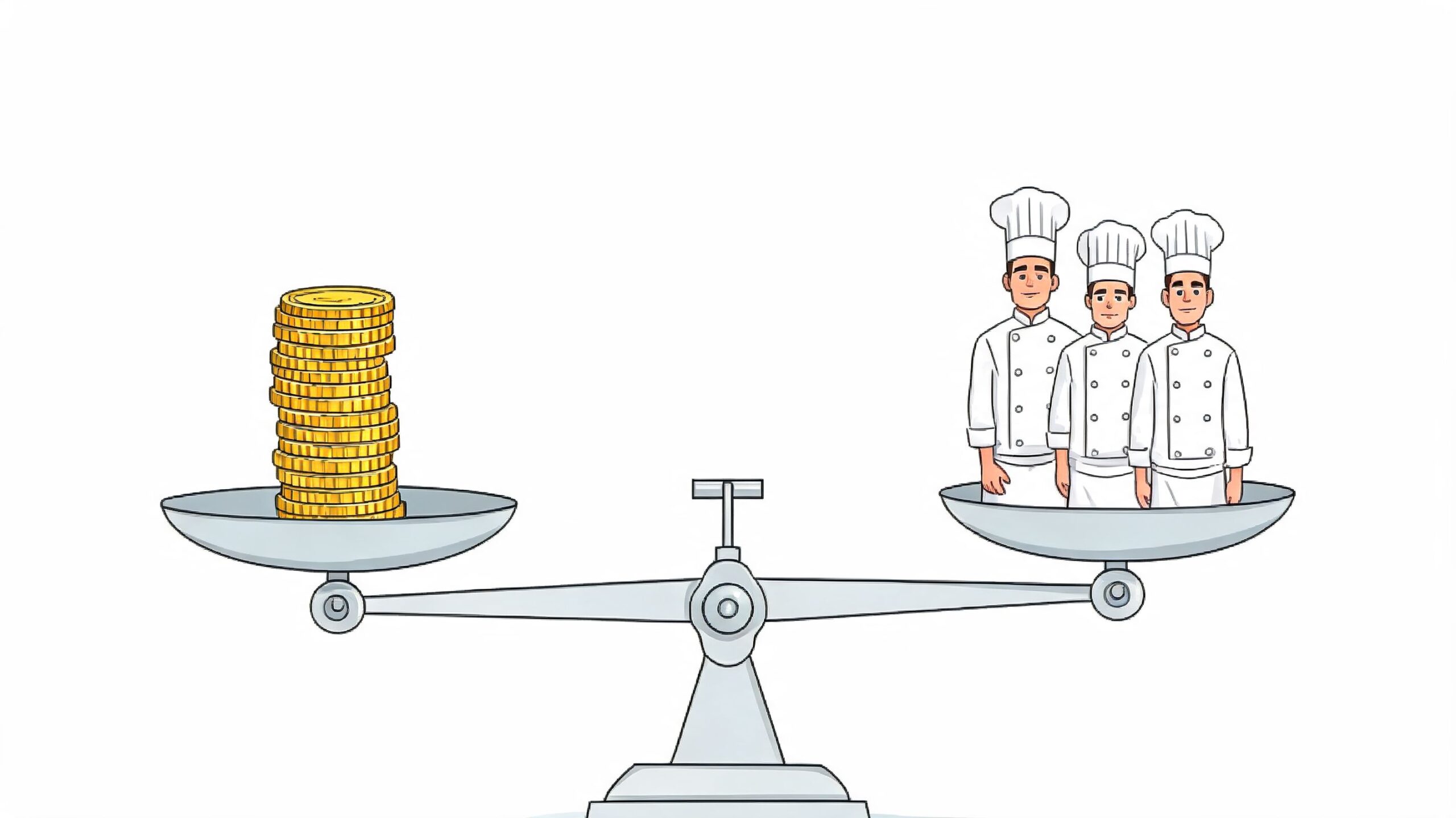 A weighing scale balancing a stack of gold coins against three professional chefs in white uniforms.