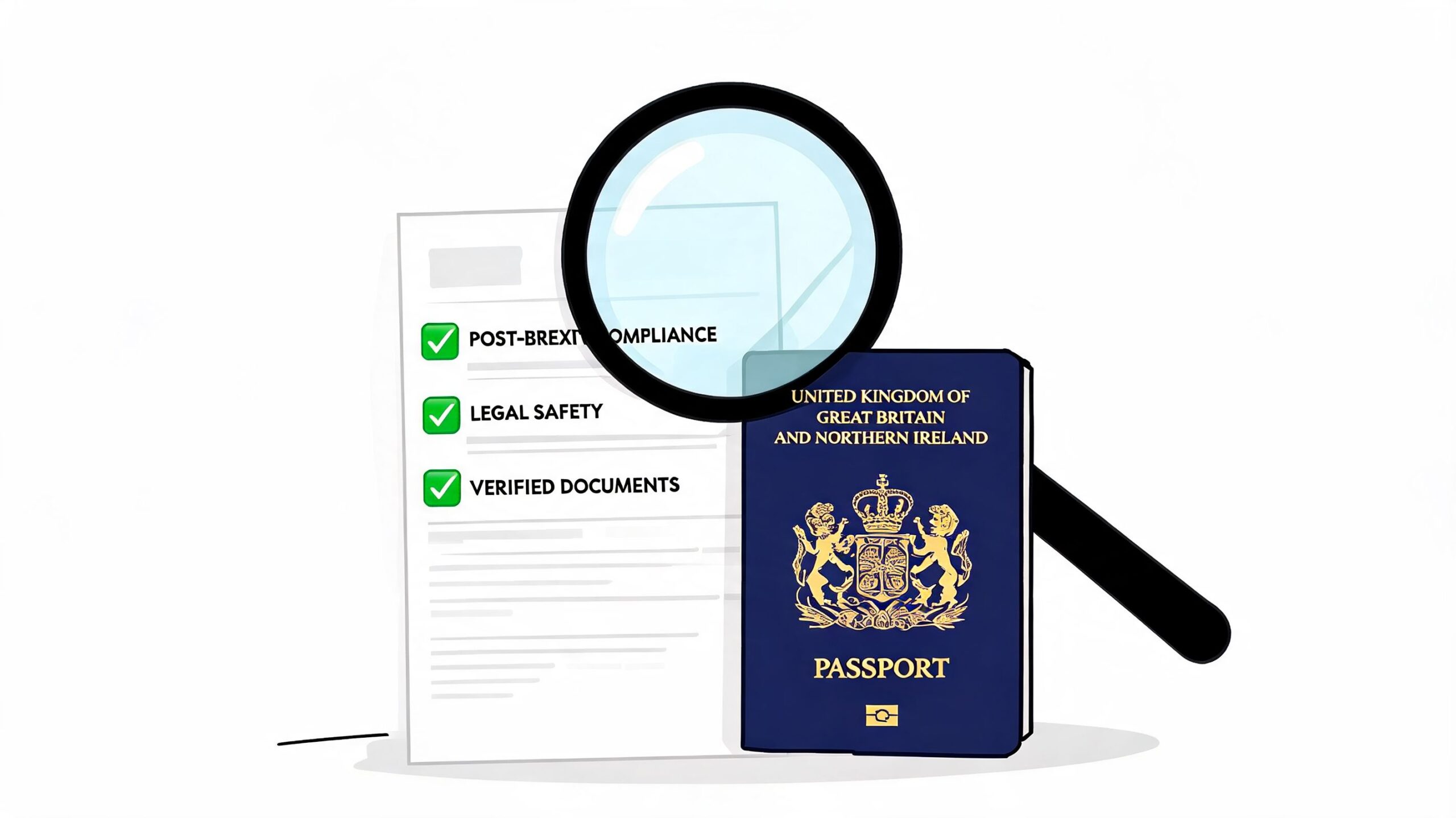 A magnifying glass inspecting a United Kingdom passport alongside a checklist of legal compliance documents.