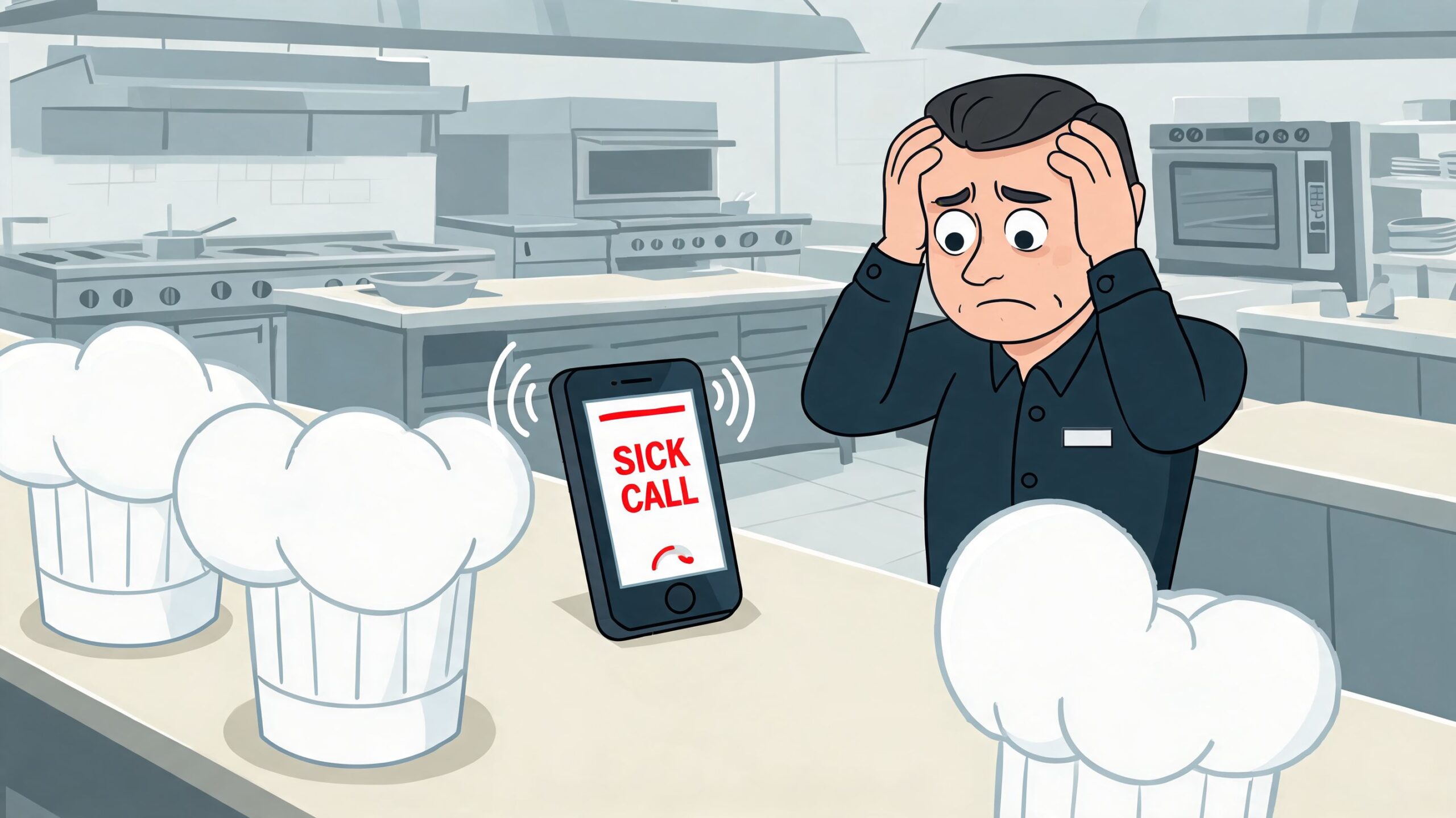 Stressed restaurant manager looking at a smartphone displaying a sick call notification in a kitchen.