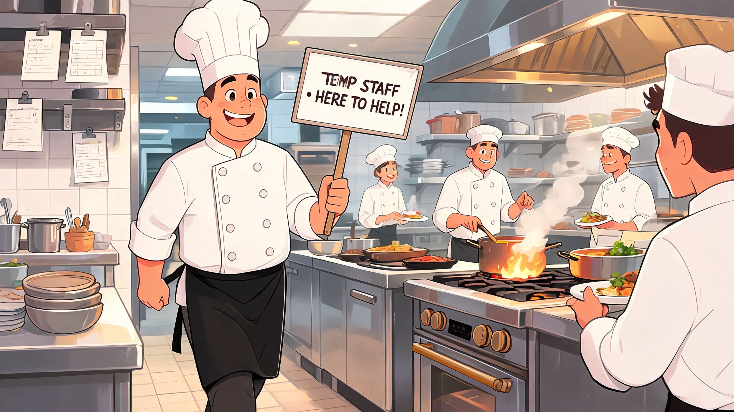A friendly chef in a professional kitchen holding a sign saying Temp Staff Here to Help.