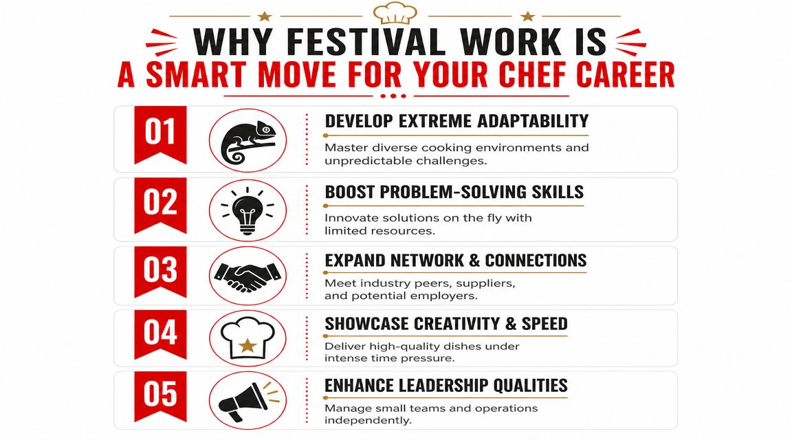 An infographic titled Why Festival Work Is A Smart Move For Your Chef Career, listing five professional benefits.
