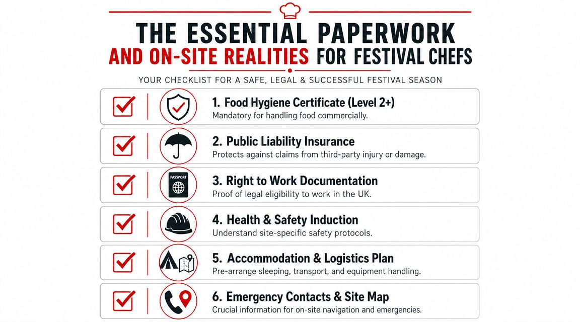 A checklist infographic titled Essential Paperwork and On-Site Realities for Festival Chefs listing six mandatory requirements.