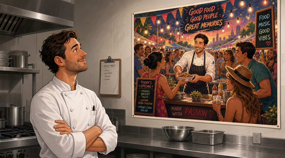 A professional chef standing in a kitchen looking at a poster depicting a lively outdoor street food festival.