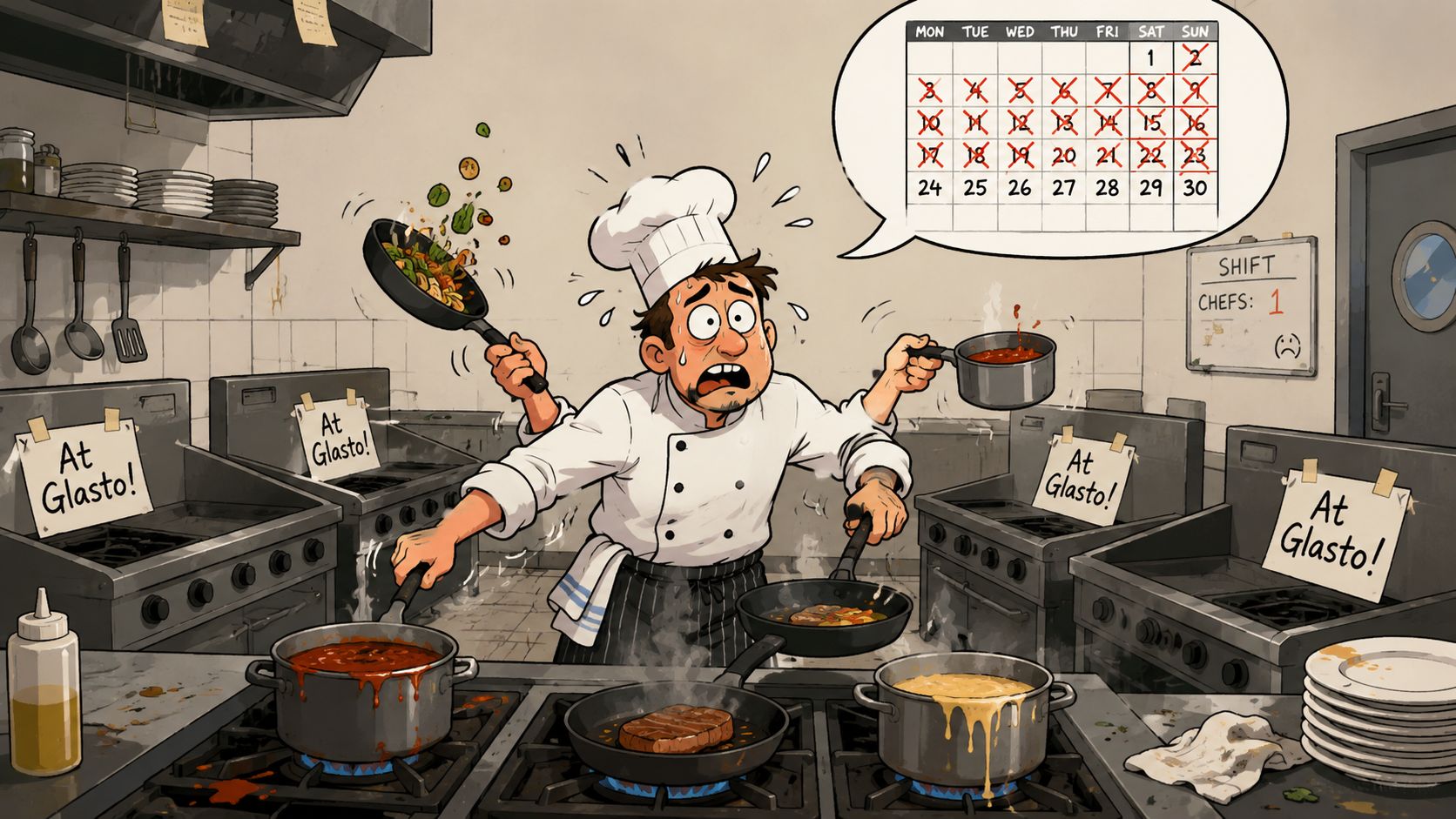 A stressed chef juggling many cooking pots in a busy, understaffed commercial kitchen with a calendar.
