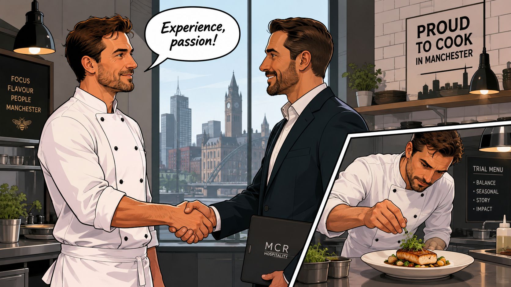 A professional head chef shaking hands with a recruitment partner in a modern Manchester city kitchen setting.