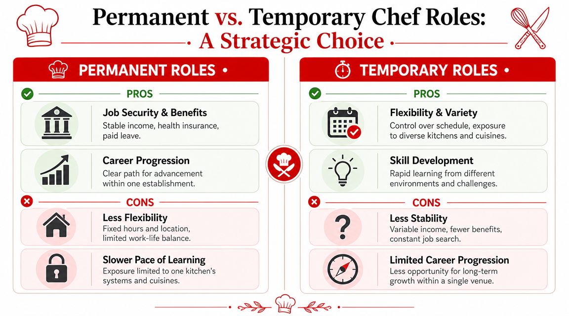 A comparison chart outlining the pros and cons of permanent versus temporary chef job roles.