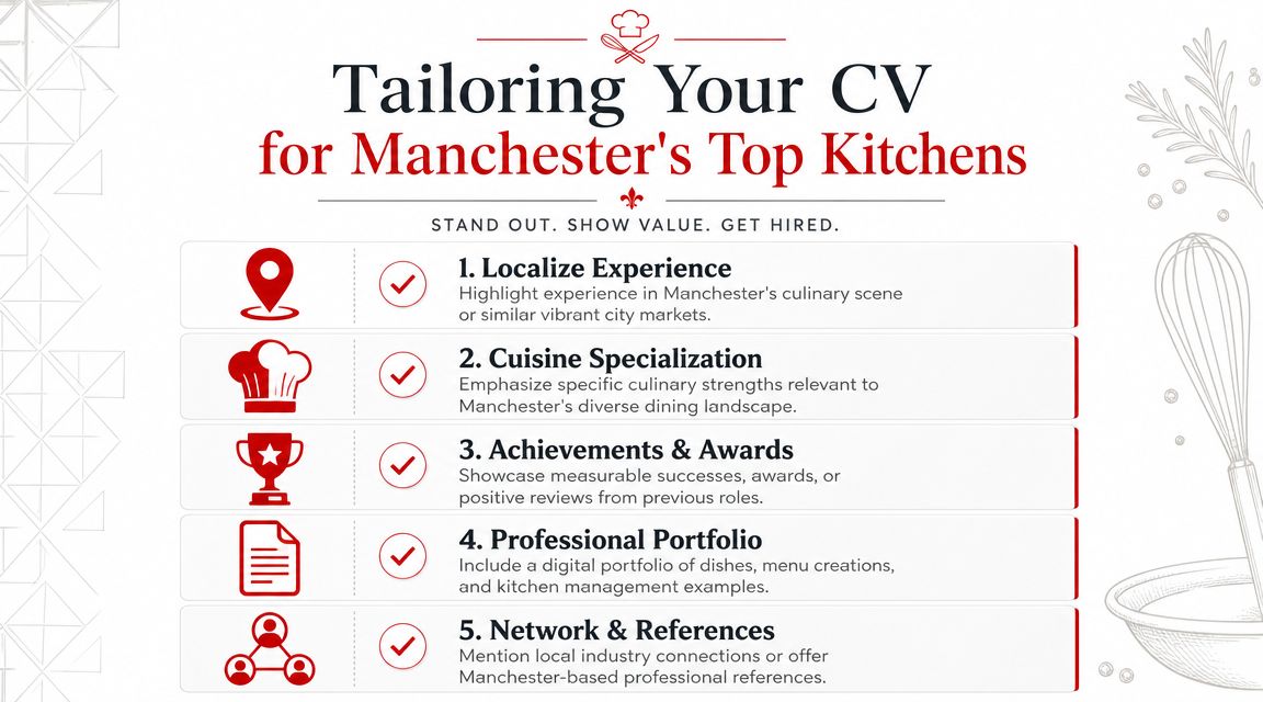 A professional infographic titled Tailoring Your CV for Manchester's Top Kitchens with five career tips.