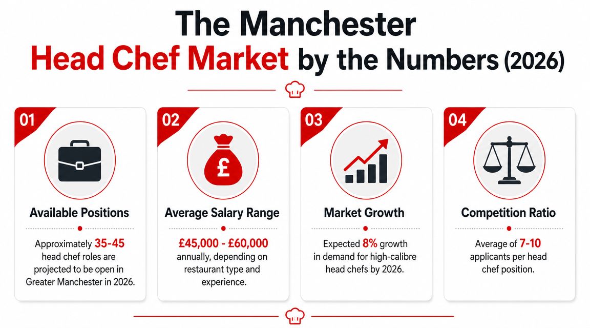 An infographic showing statistics for the head chef market in Manchester in 2026, including salary and job openings.