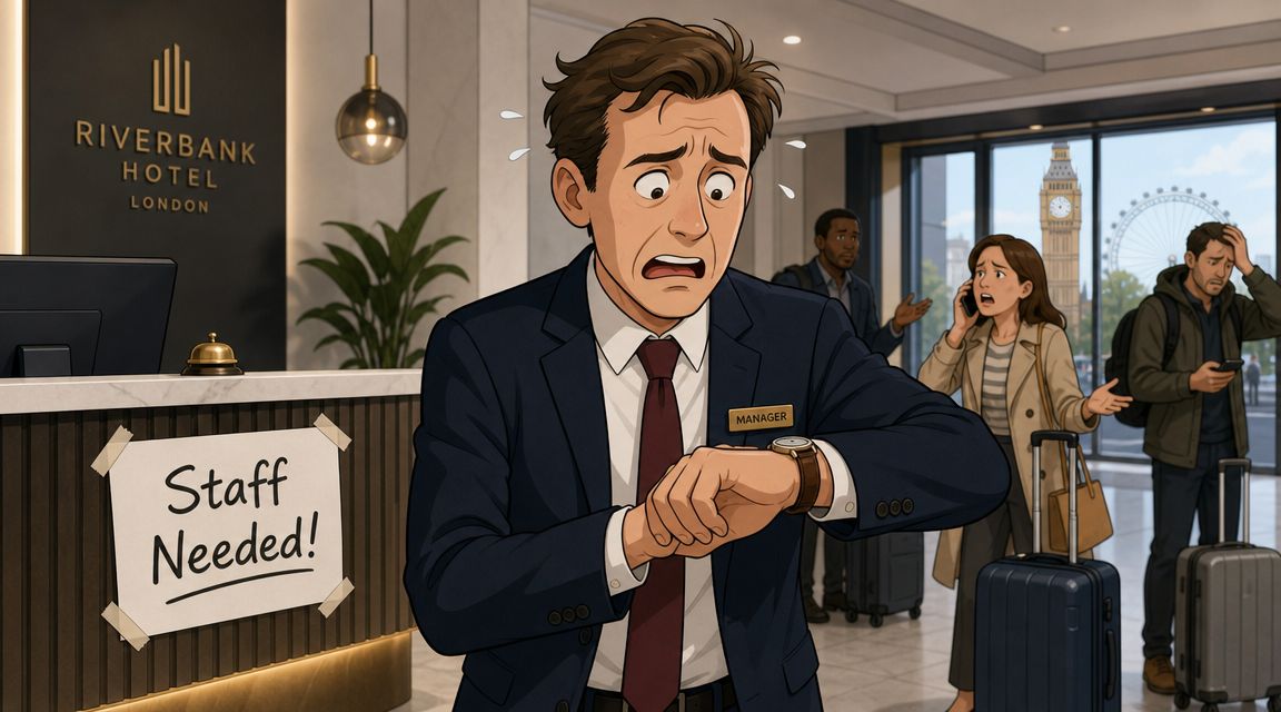 A stressed hotel manager checking his watch at a busy reception desk with staff needed sign displayed.