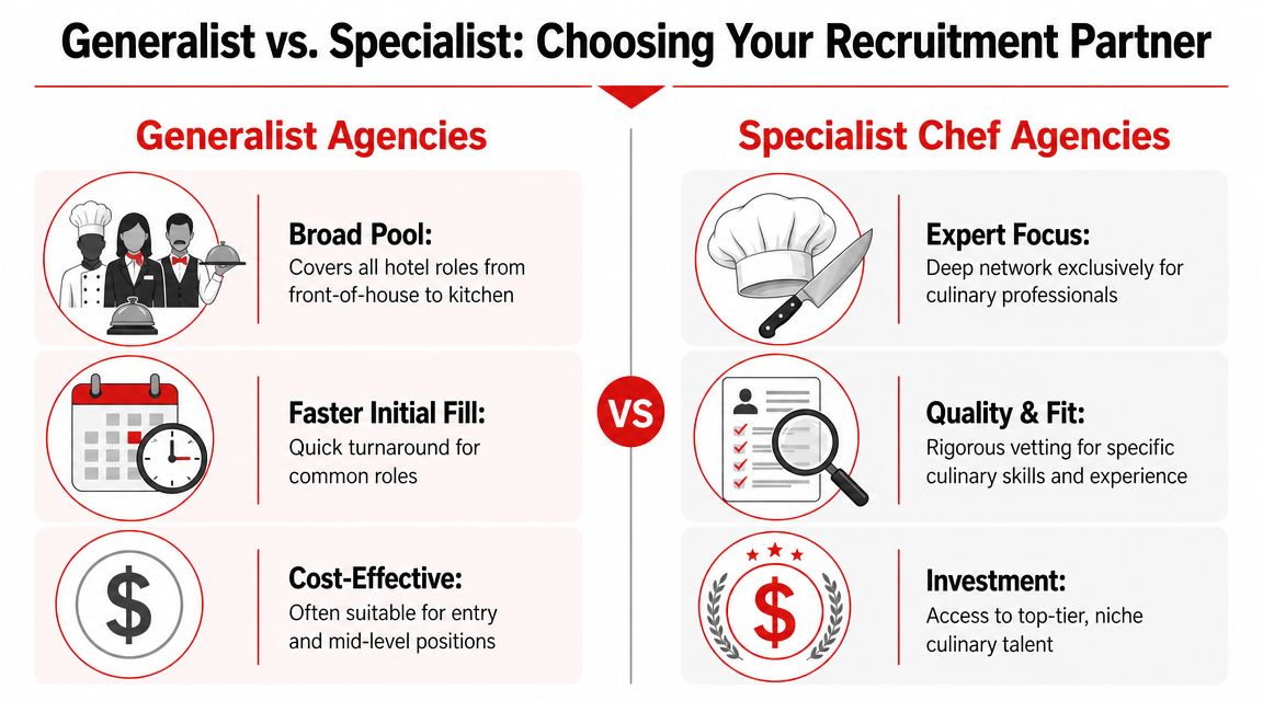 A comparison infographic between generalist recruitment agencies and specialist chef recruitment agencies for hotel staffing needs.