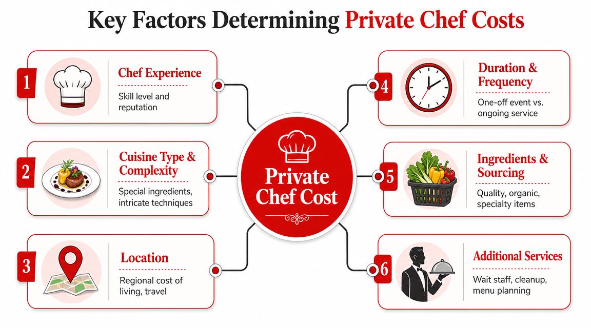 An infographic detailing the six key factors that influence the cost of hiring a private chef.