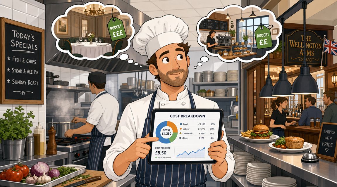 A professional chef standing in a busy restaurant kitchen holding a tablet displaying business cost breakdown.