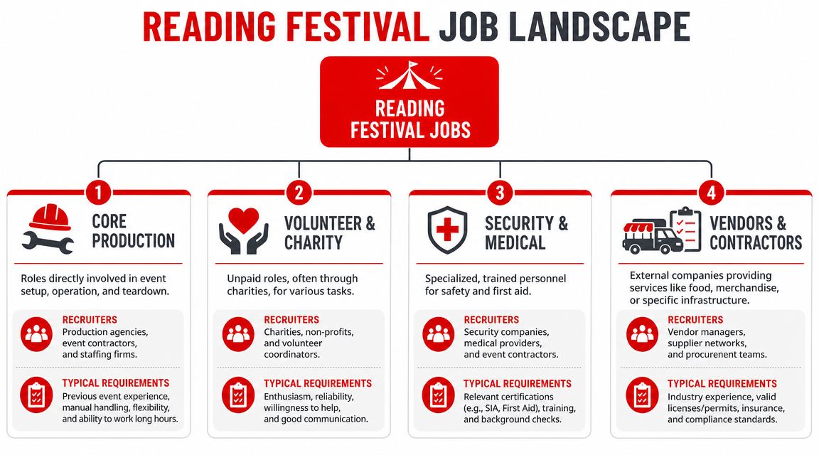 A diagram outlining the job landscape at Reading Festival, including production, volunteer, security, and vendor roles.