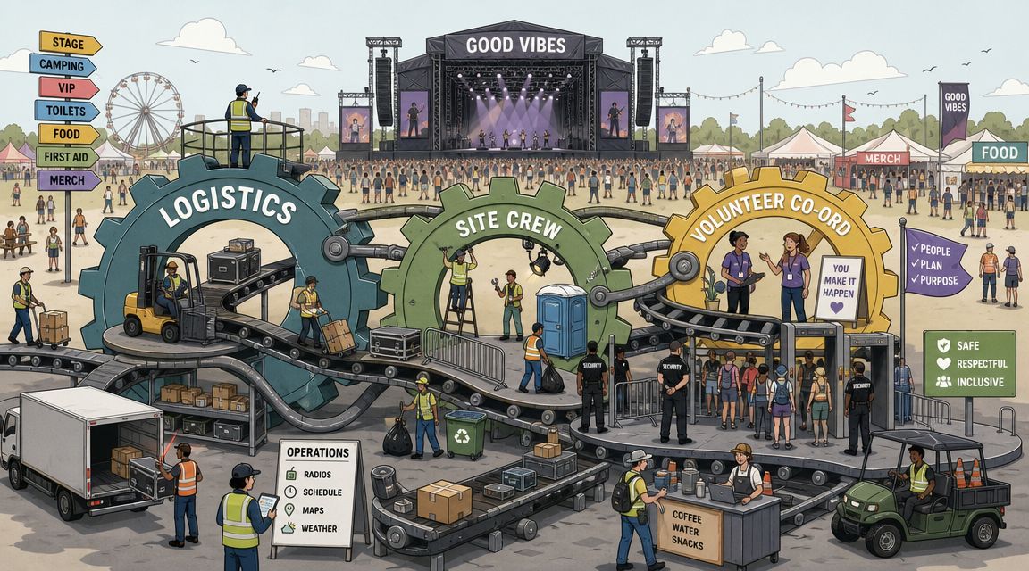 An illustrative diagram of festival organization featuring gears for logistics, site crew, and volunteer coordination tasks.