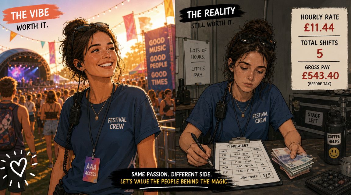 A split image contrasting the glamorous festival experience with the reality of working behind the scenes as crew.