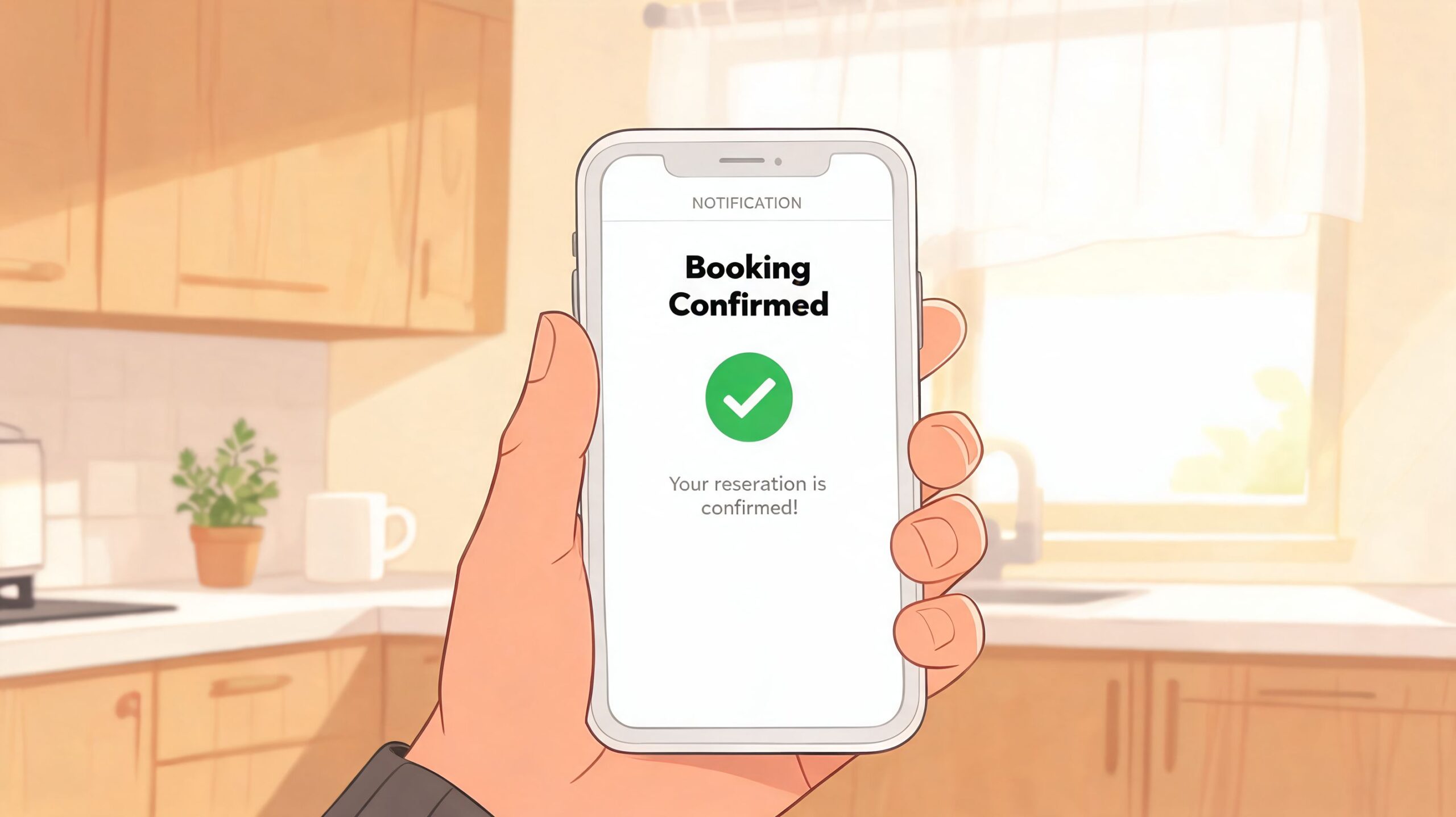 A person holding a smartphone showing a booking confirmation notification screen in a bright kitchen.