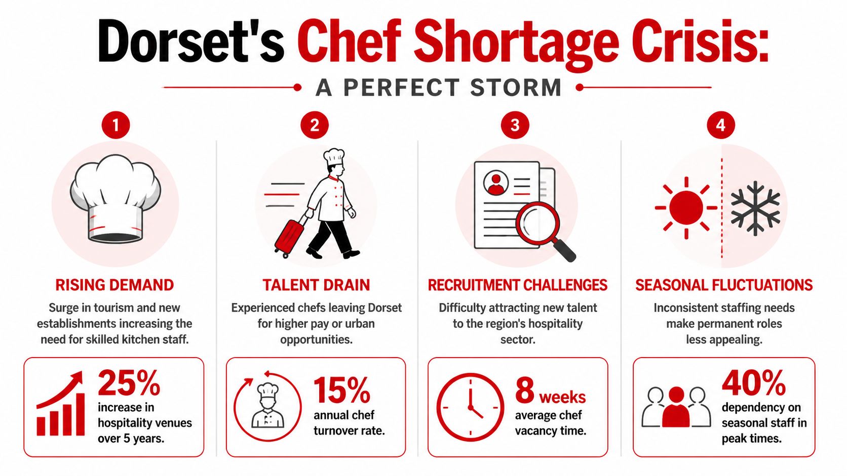 An infographic detailing the causes and statistics behind the chef labor shortage crisis in Dorset.