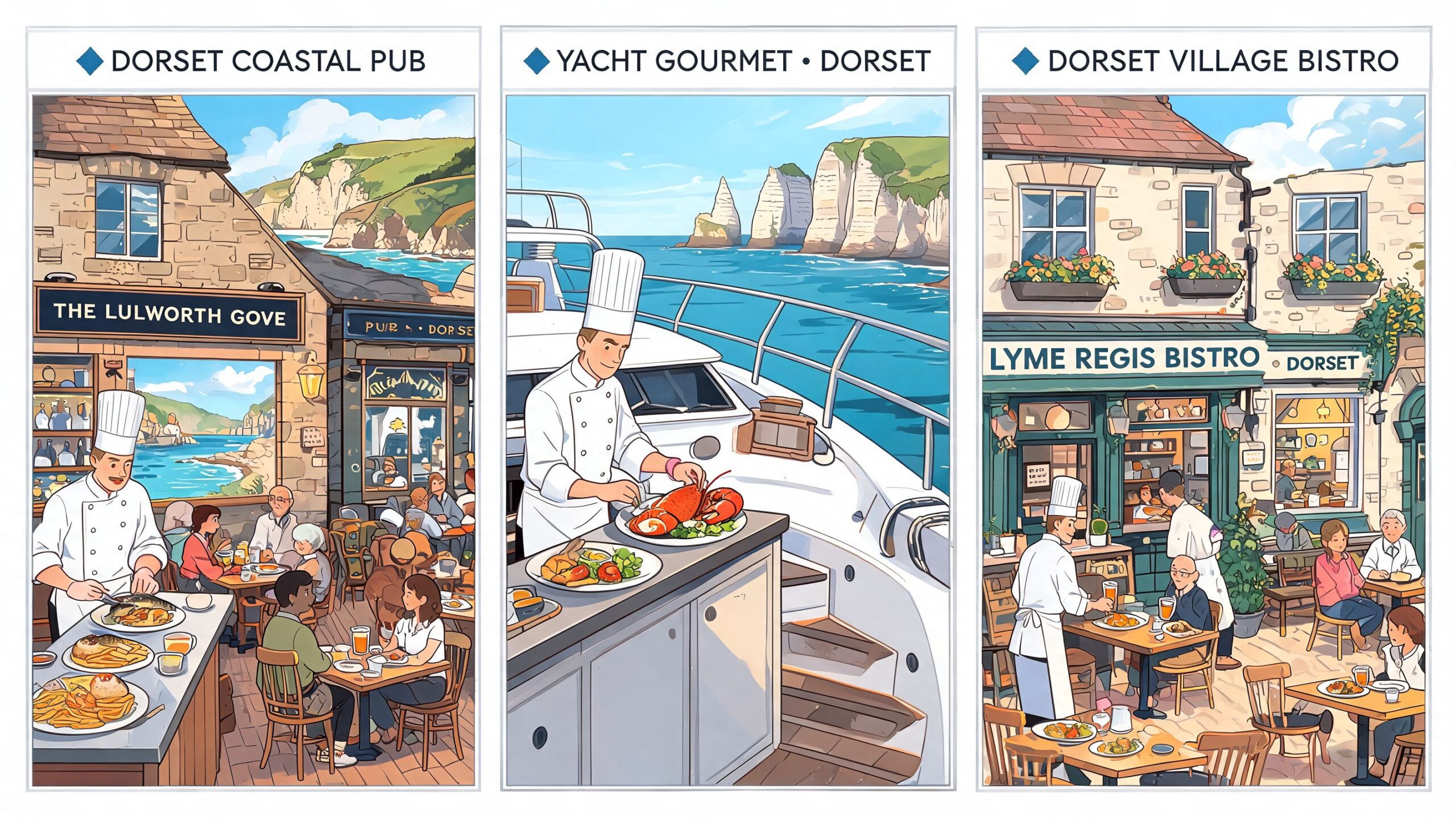 Three illustrations showing professional chefs preparing gourmet food at a pub, a yacht, and a village bistro.