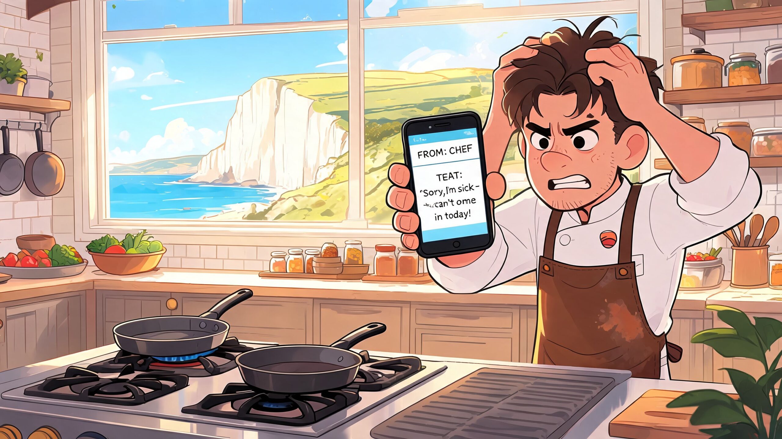 A frustrated chef in a kitchen looking at a text message on his phone about a cancellation.