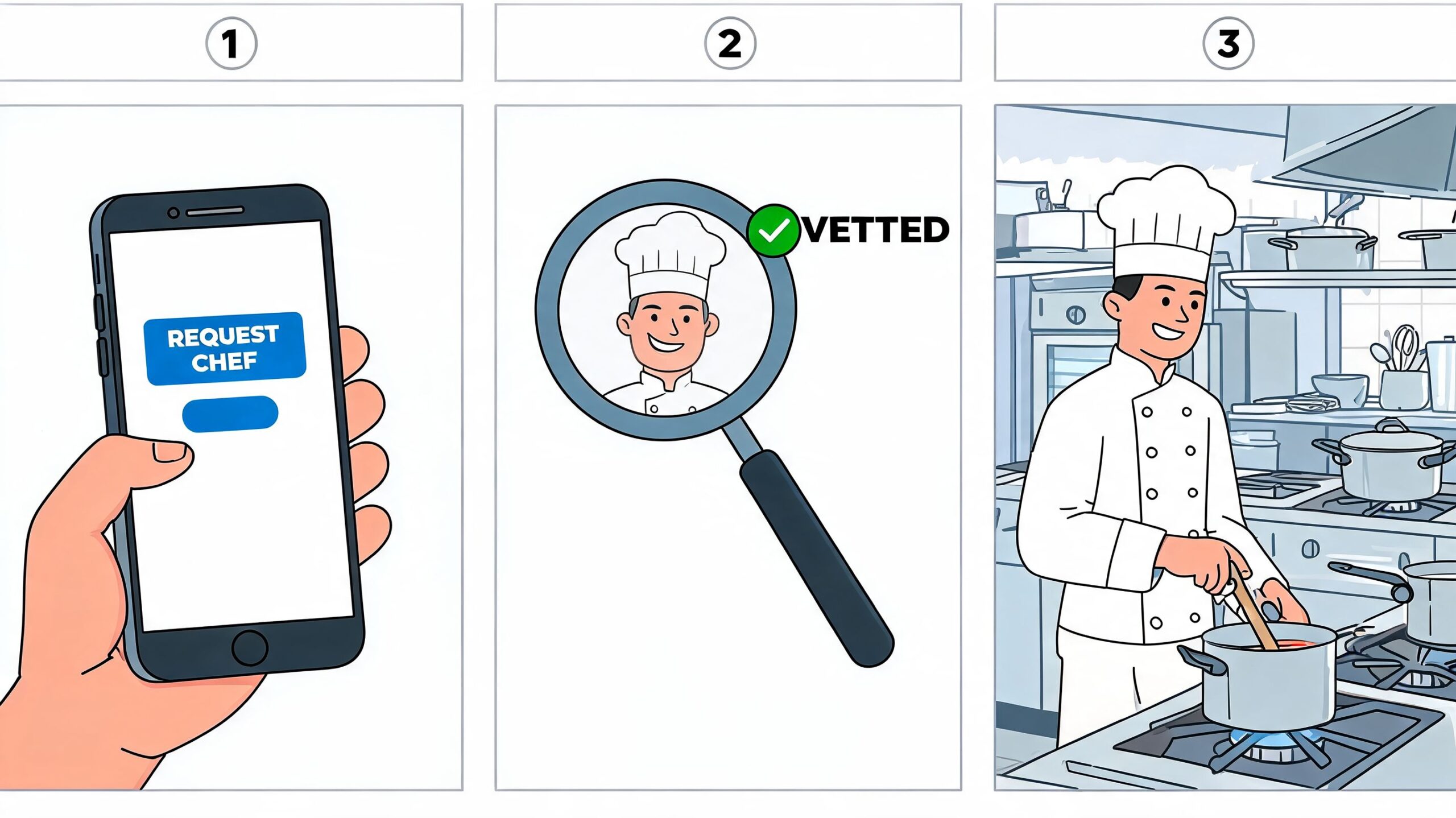 A three-step infographic showing how to request, vet, and hire a professional relief chef via mobile app.