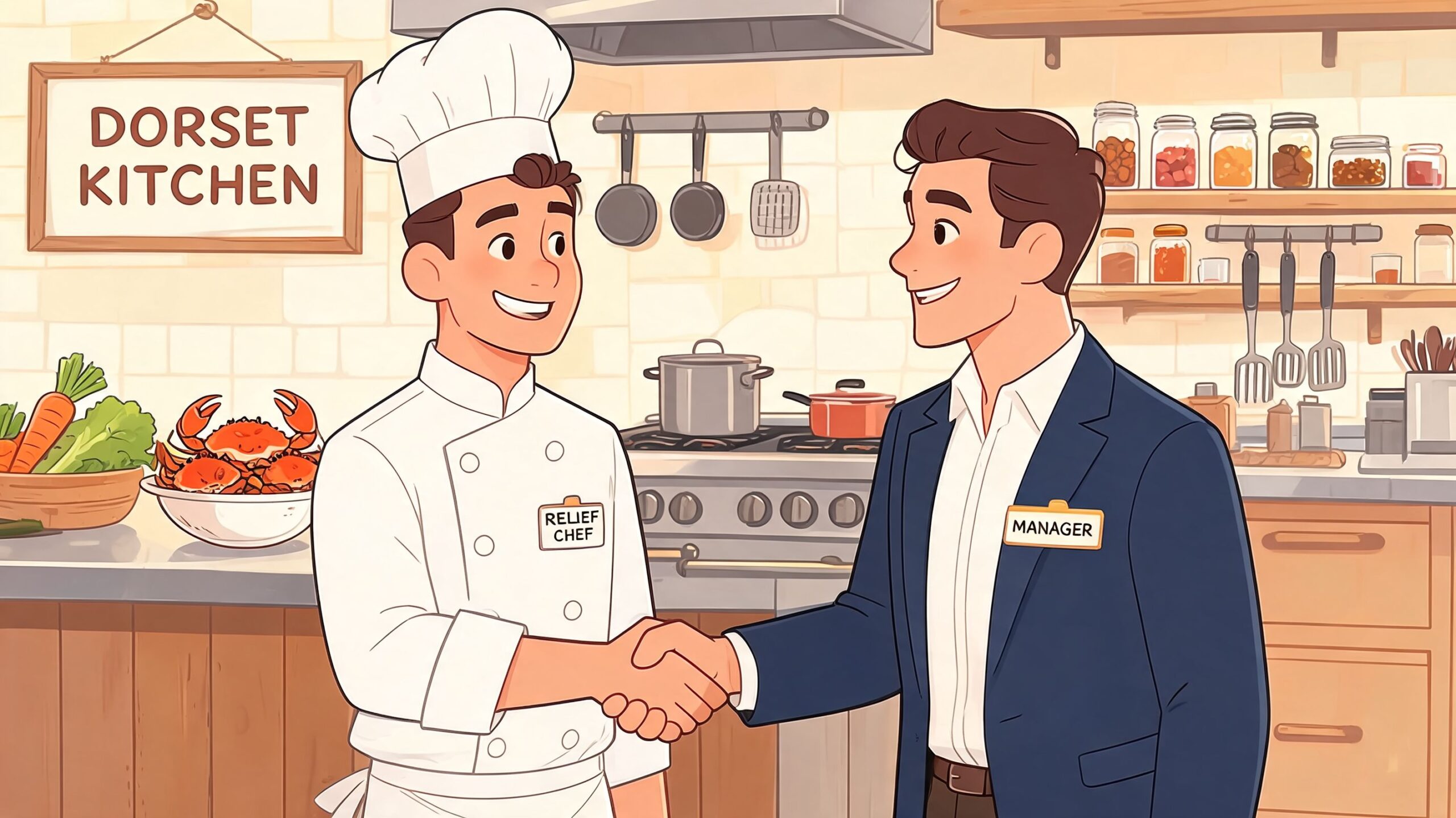 A relief chef in white uniform shaking hands with a professional manager in a restaurant kitchen.