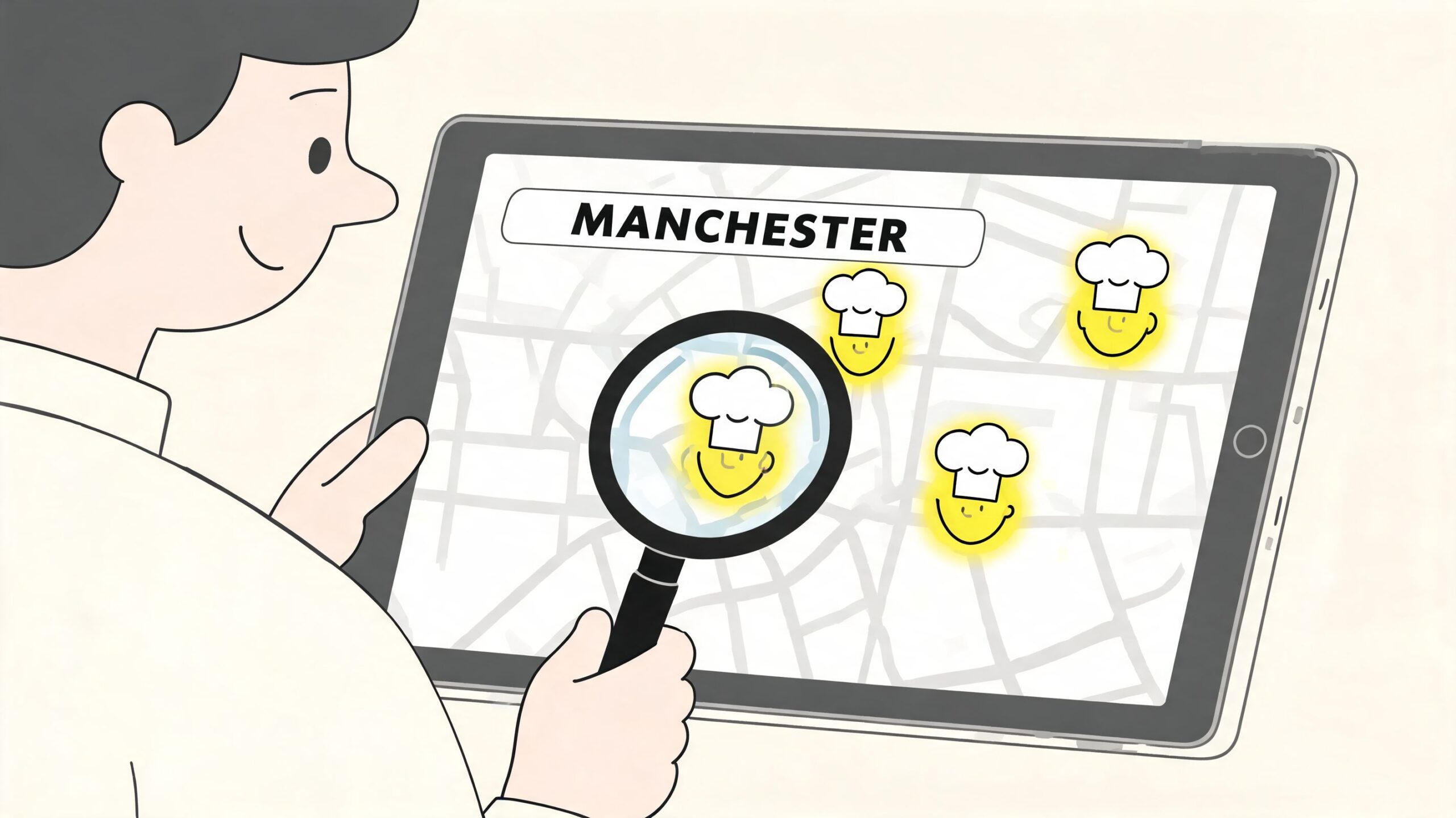 A person using a magnifying glass to search for chef locations on a digital tablet map of Manchester.