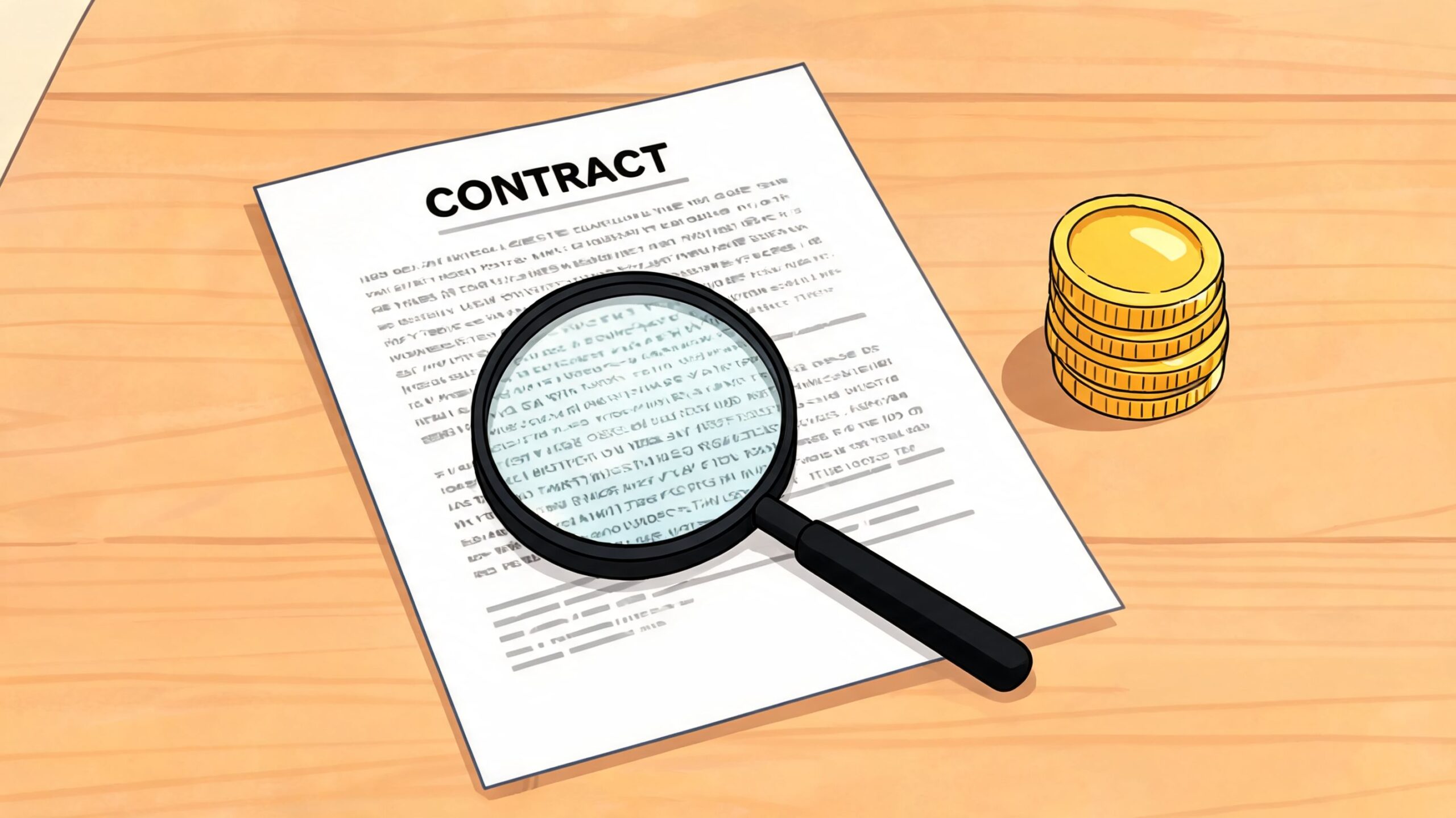 A magnifying glass placed over a legal contract document next to a stack of gold coins.