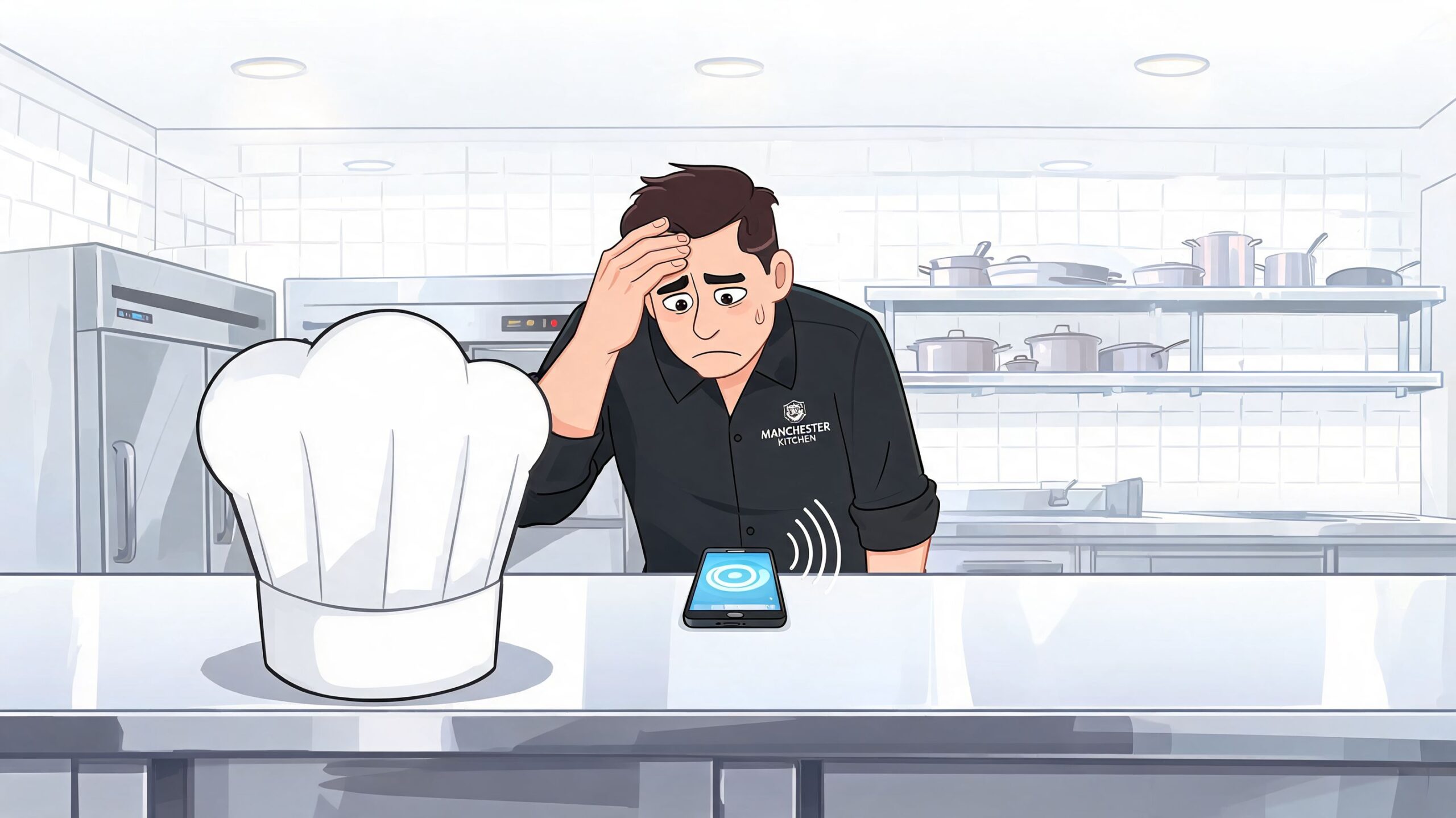 A stressed chef at Manchester Kitchen looking at a ringing smartphone on a stainless steel counter.